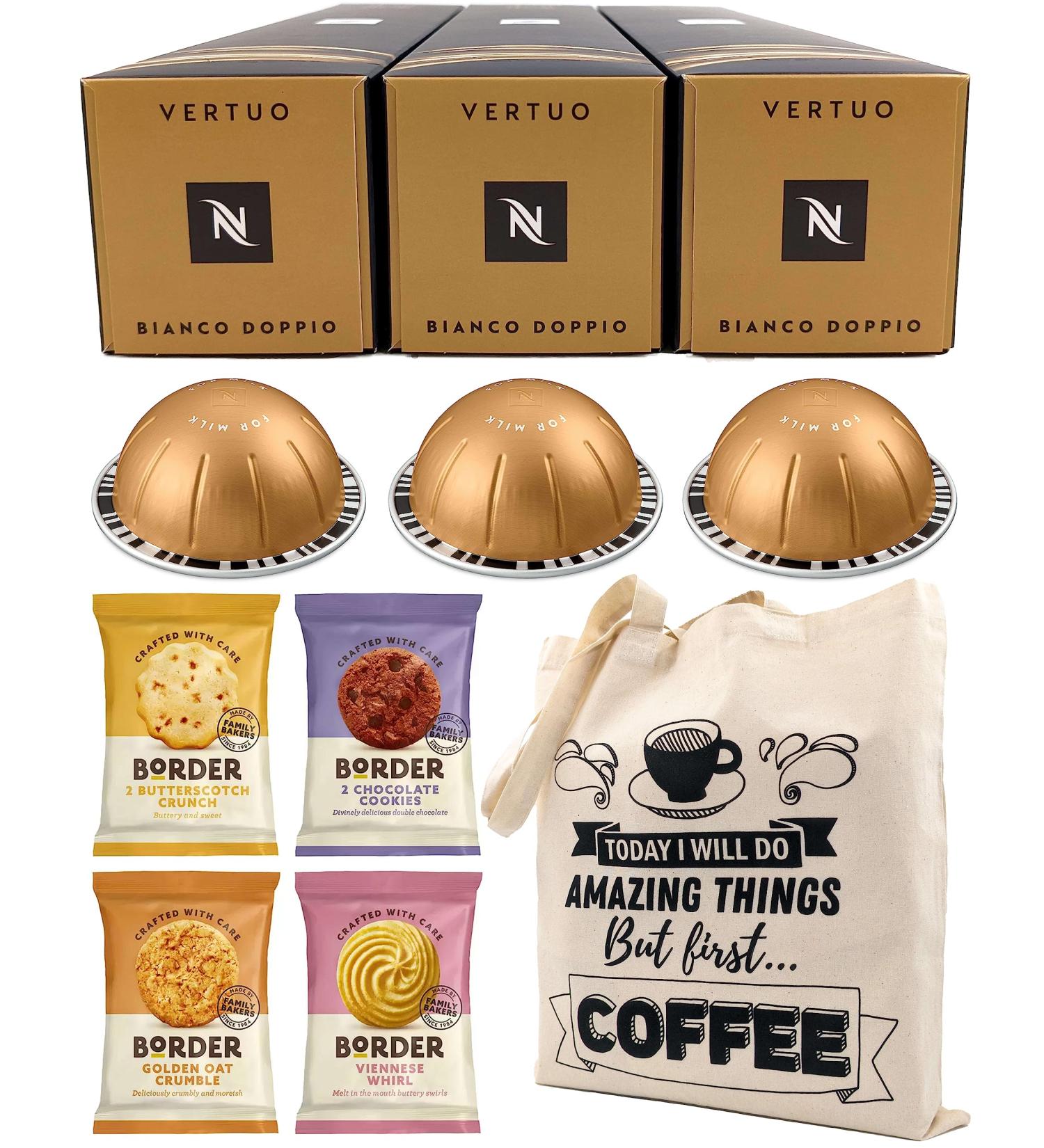 Nespresso Vertuo Bianco Doppio Coffee Capsules - 3 Boxes (30 Pods) Bundled with Border Biscuits Selection & Giftable Tote Bag - Buy Online on SooperMarket.com
