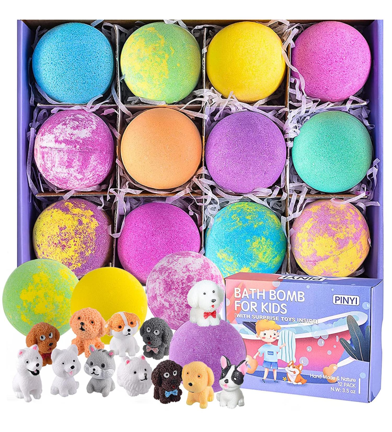 Bath Bombs for Kids - 12 Pack Handmade Fizzy Balls with Surprise Puppy Toys Inside | Organic Spa Bubble Bath Gift Set for Toddlers | Safe and Fun Bath Time Kit for Birthday, Easter, Christmas - Buy Online on SooperMarket.com