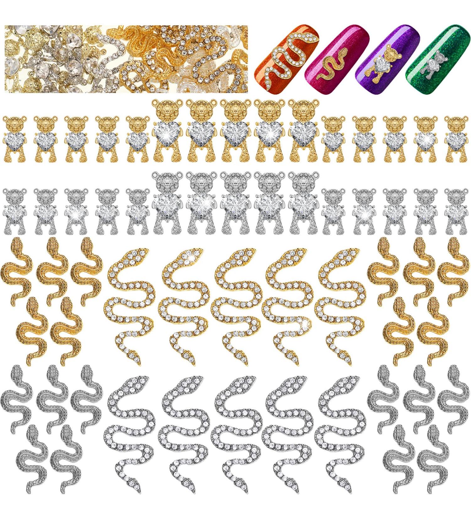 60 Pcs 3D Bear & Snake Nail Charms Set - Crystal, Gold & Silver Gems for DIY Nail Art - Buy Online on SooperMarket.com