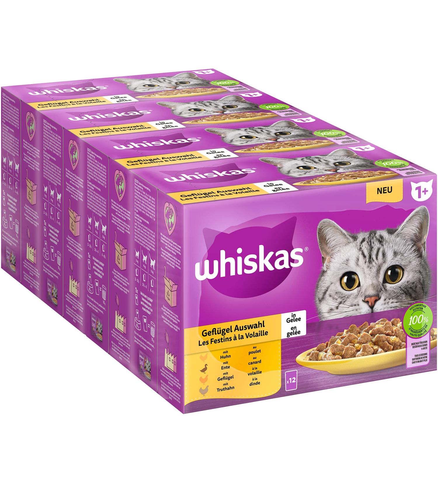 Whiskas 1+ Cat Food Poultry Selection in Jelly 12x85g | Premium Wet Food for Adult Cats - 48 Portions - Buy Online on SooperMarket.com