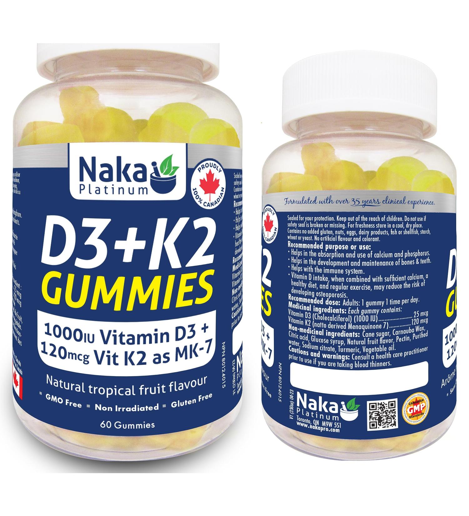 Naka Platinum D3+K2 Vitamin Gummy 1000IU Vitamin D3 + 120mcg Vit K2 as MK-7 Natural tropical fruit flavour Made in Canada (60 gummies) - Buy Online on SooperMarket.com