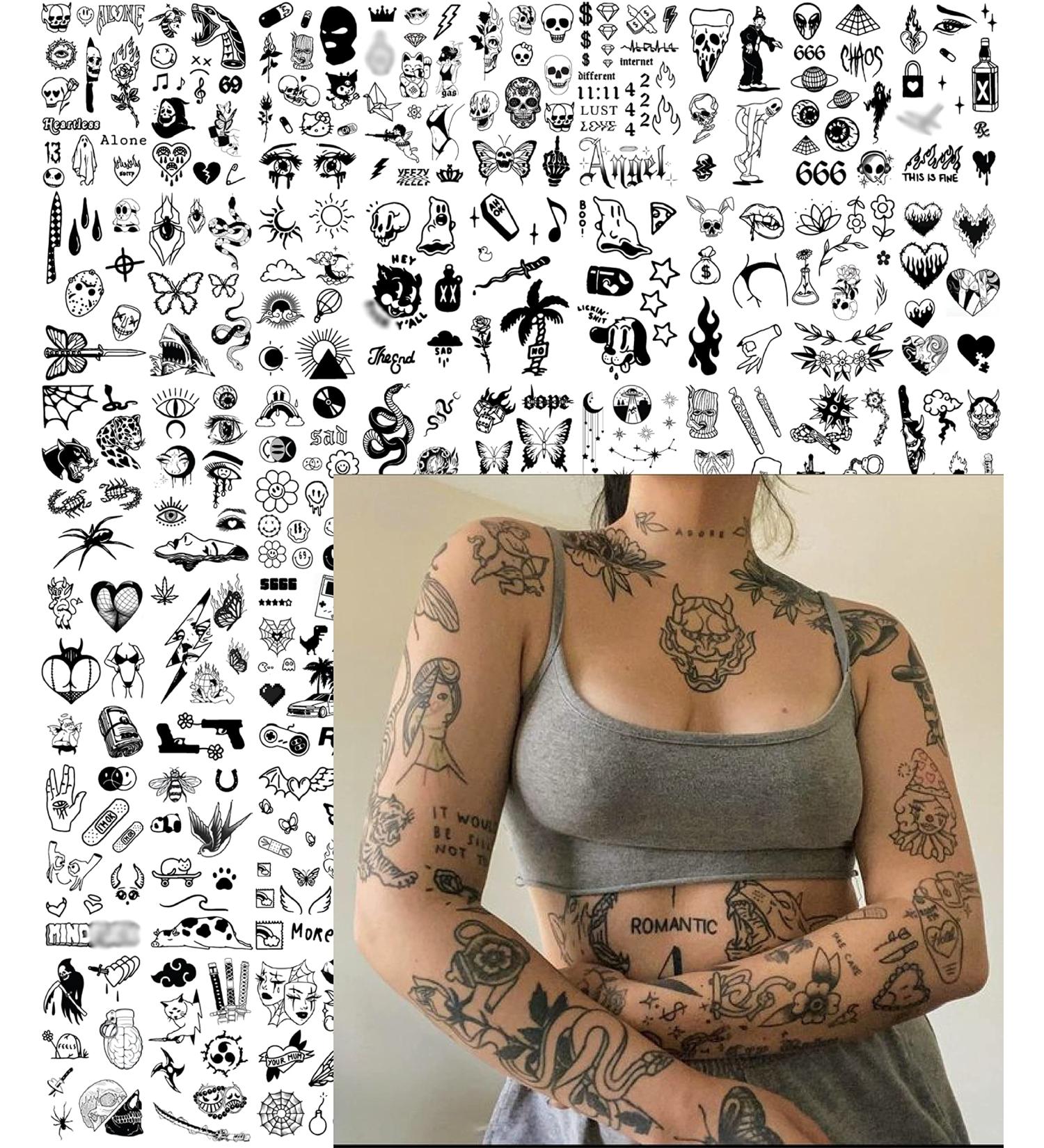 Vintage Patchwork Temporary Tattoos - Small Semi-Permanent Minimalist Line Art Black Fake Tattoo for Adults - Gothic Aesthetic Designs - Buy Online on SooperMarket.com
