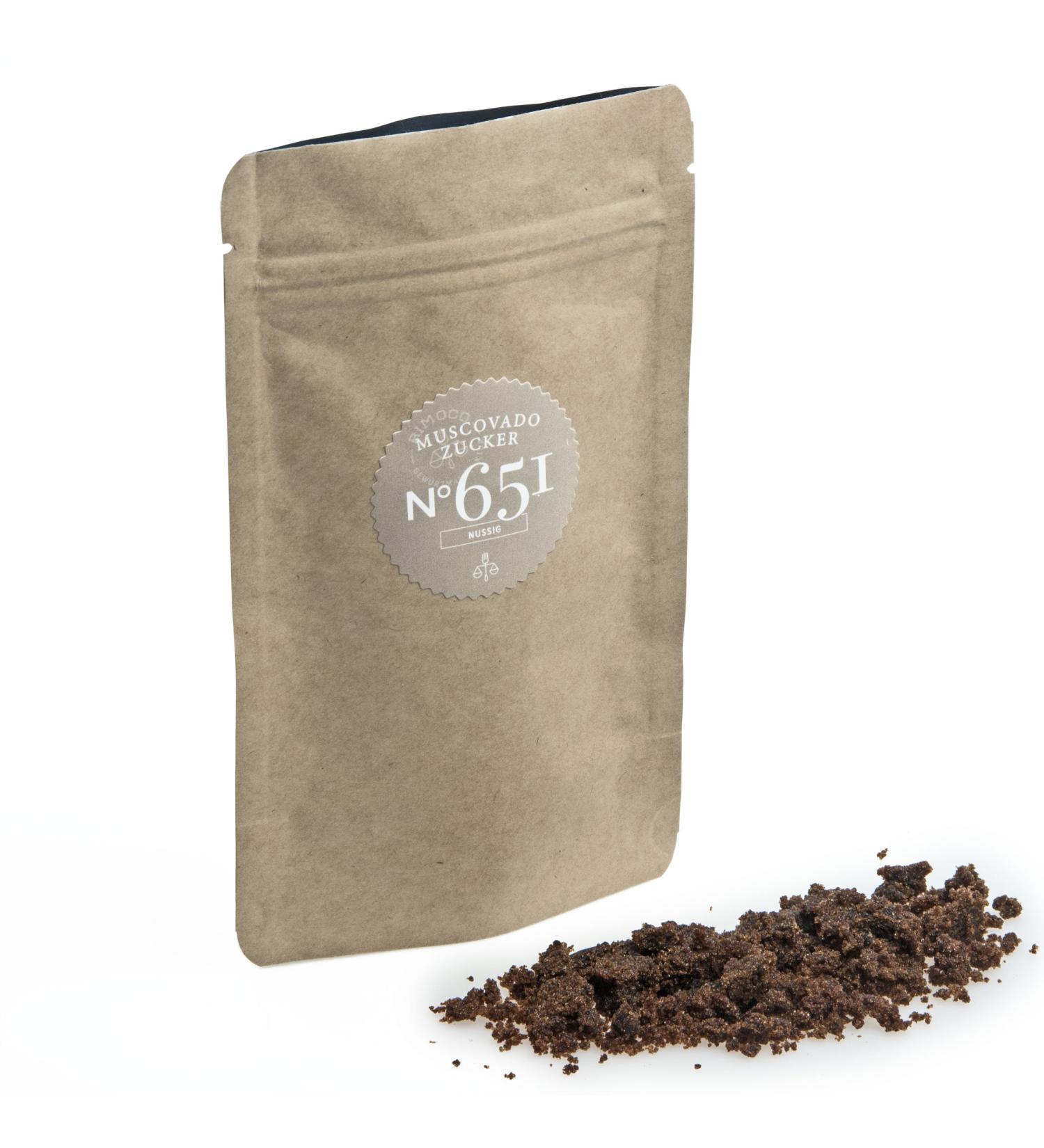 Muscovado sugar n 651 - dark with a noble nutty caramel note in the practical power paper zip bag content: 75g Contents: 75g (power paper bag)