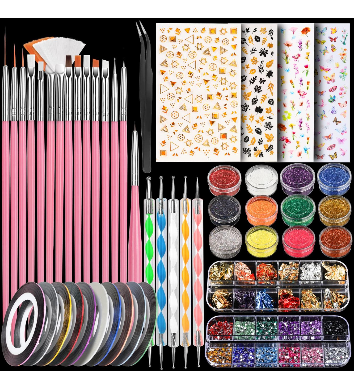 Teenitor Nail Art Kit with Glitter, Stickers, Brushes, Dotting Tool, Gems, Striping Tape - Perfect for Beginners - Buy Online on SooperMarket.com