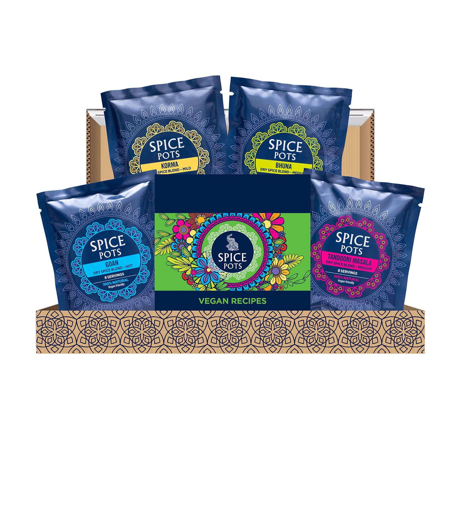 Spice Pots Vegan Curry Kit with 8 Recipes | Korma, Bhuna, Tandoori Masala, Goan Spices | Vegan & Gluten-Free | Vegetarian Curry Kit | Vegan Food Gift - Buy Online on SooperMarket.com