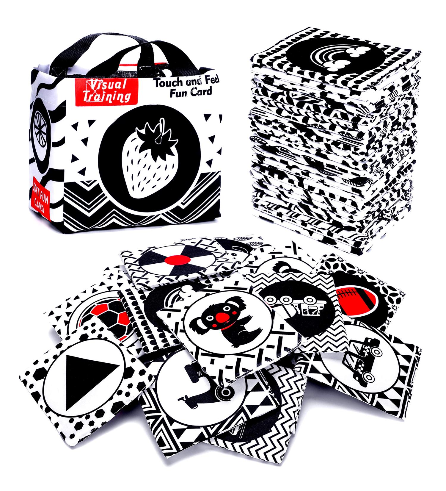 Black and White Soft Flash Cards - Educational Fabric Baby Activity Crinkle Set with Storage Bag - Ideal for Infant Boys and Girls - Non-Toxic, Perfect for Baby Shower - Buy Online on SooperMarket.com