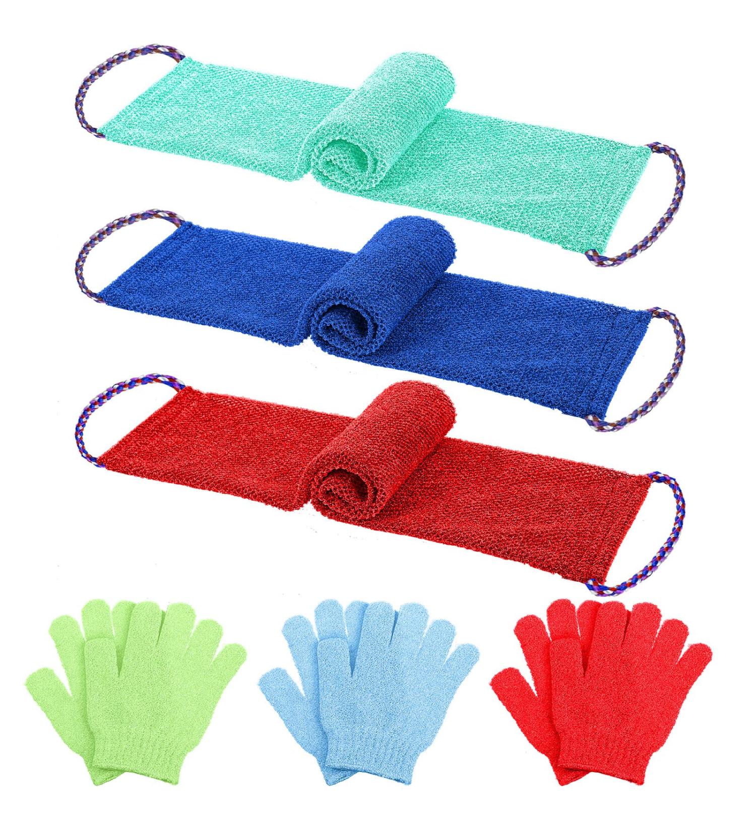 Newwiee 6 Pack Exfoliating Shower Bath Gloves and Body Scrubber Set - 3 Pairs Exfoliating Gloves and 3 Pcs African Bath Sponge for Daily Shower (Red Blue Green) - Buy Online on SooperMarket.com