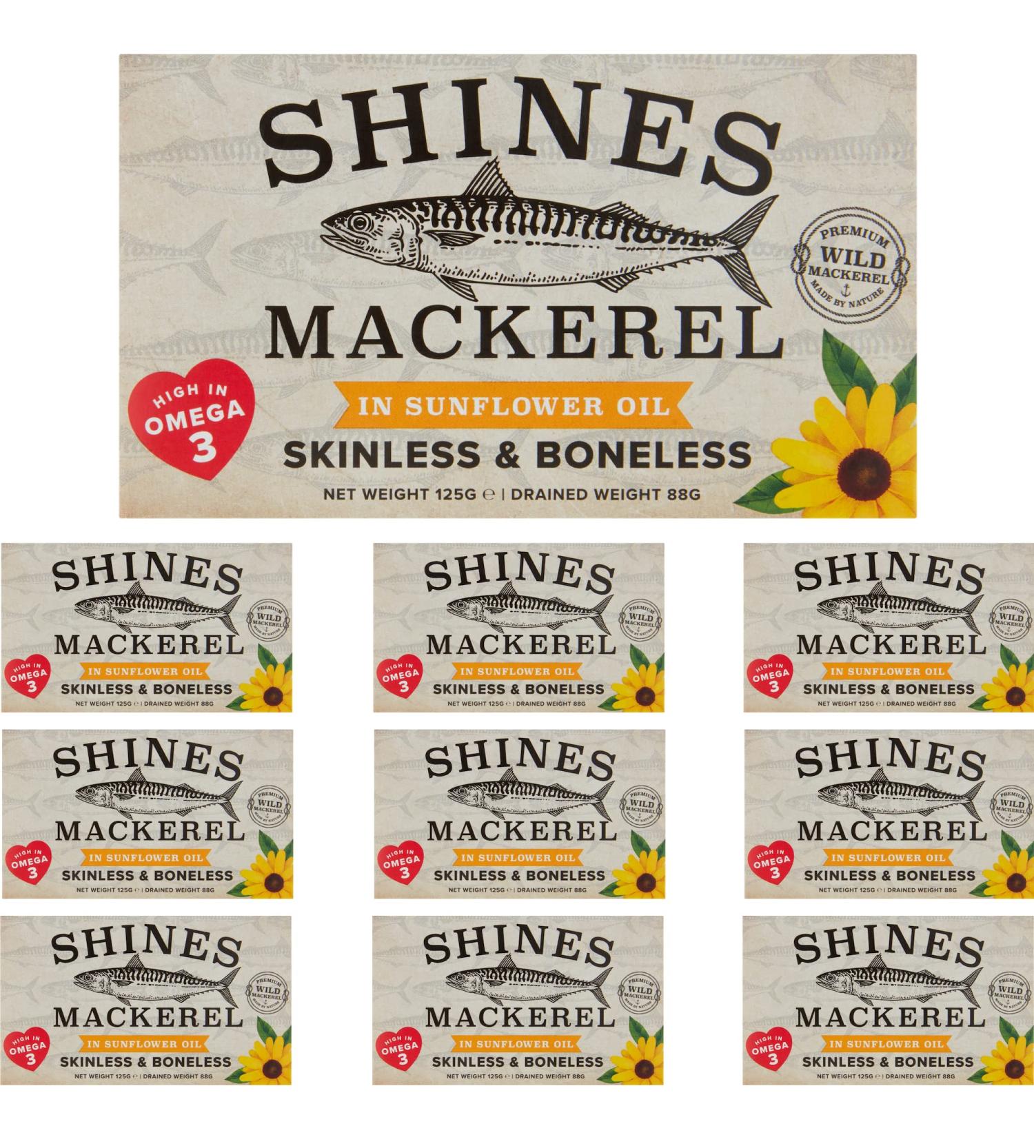 10 Pack of Shines Wild Mackerel in Sunflower Oil - Skinless & Boneless - Canned Fish High in Omega 3-10 x 125g Cans - Buy Online on SooperMarket.com