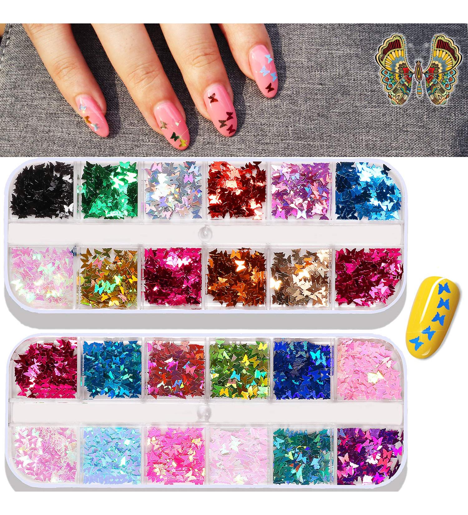 24 Color/Set 3D Butterfly Nail Art Glitter Sequins - Colorful Sparkle Sticker Decals for Manicure - Buy Online on SooperMarket.com