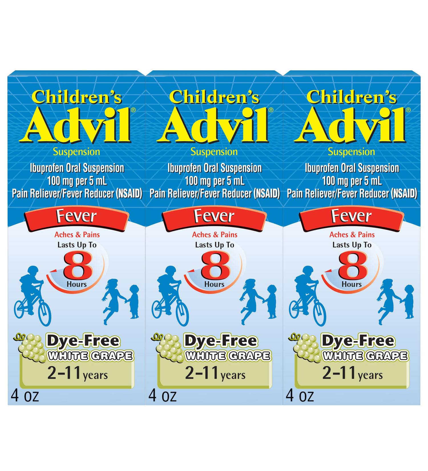 Children's Advil Pain & Fever Reliever - Dye Free Liquid Ibuprofen, White Grape Flavor 4 Fl Oz (Pack of 3) - Buy Online on SooperMarket.com