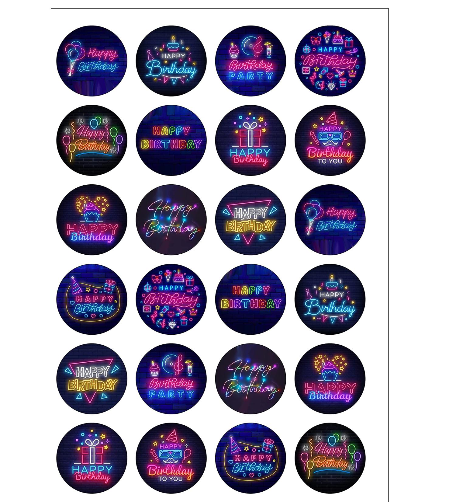 24 Precut Round Neon Signs Themed Happy Birthday Edible Wafer paper Cake Toppers Decorations - Boy or Girl