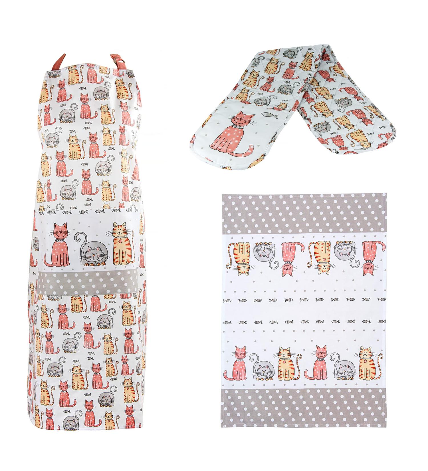 Cotton Kitchen Towel, Adjustable Bib Apron, Heat Resistant Double Oven Mitt - Cat Lovers Kitchen Gift Set of 3 - Machine Washable - Happy Cats Multicolor - Buy Online on SooperMarket.com
