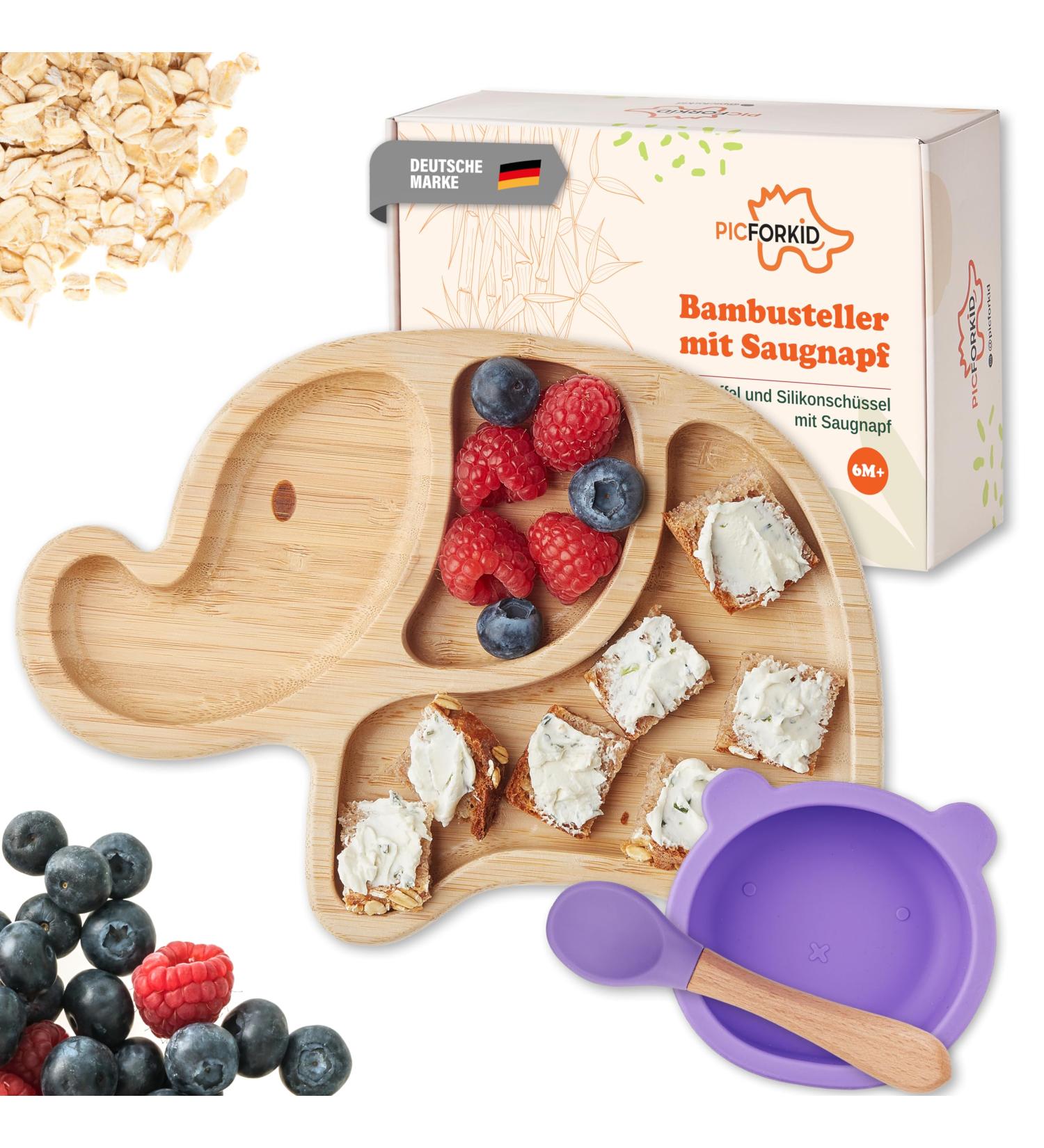Shop PICFORKID High-Quality Children's Tableware Set - Bamboo Plate with Suction Cup Spoon & Silicone Bowl - Ideal Gift for Birthdays & BLW - Buy Online on SooperMarket.com
