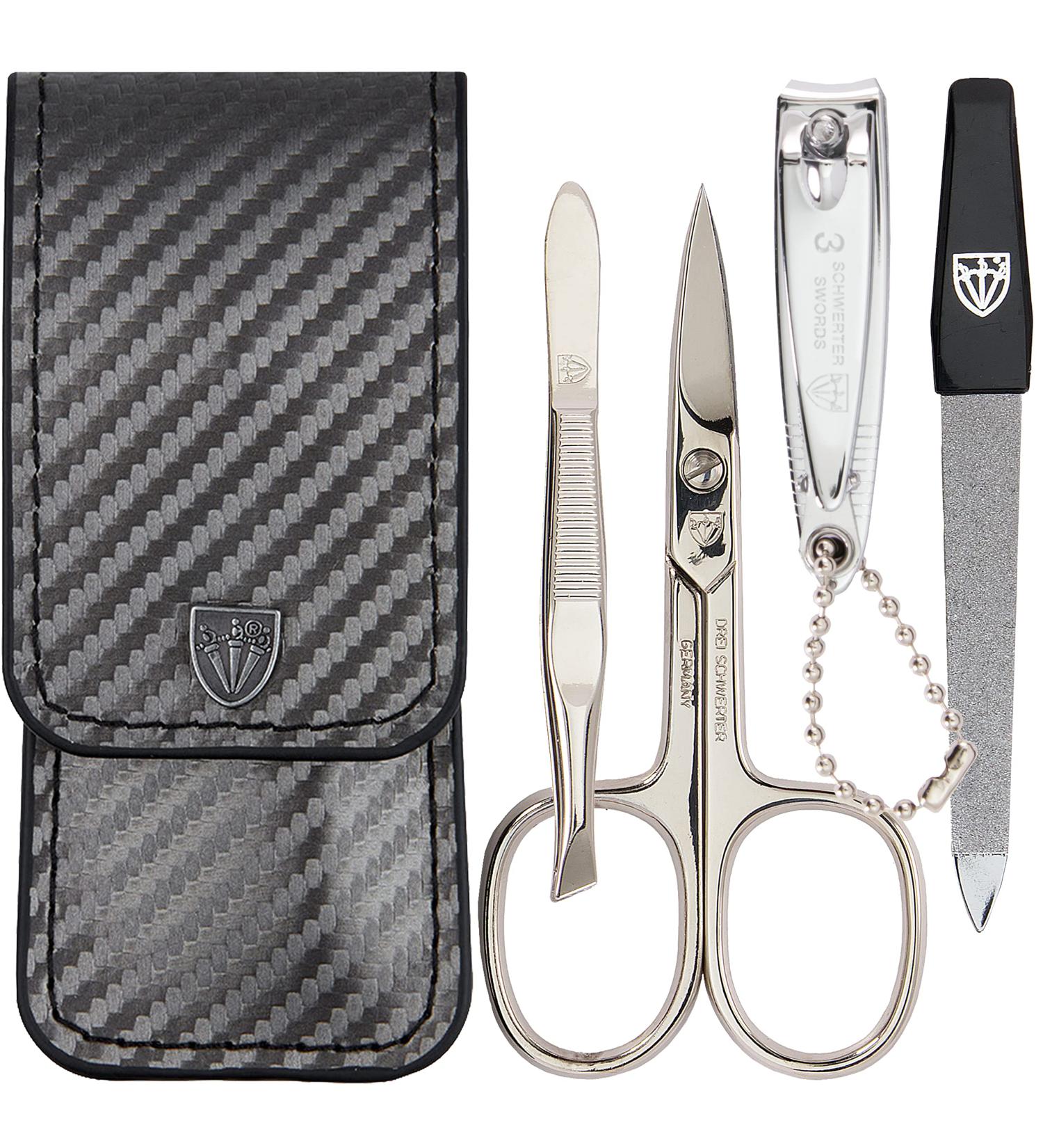 Three Swords Capri Nail Care Set 4 Pcs High-Quality Manicure & Pedicure Kit | Synthetic Leather Carbon | Nail Scissors Clippers Tweezers & Sapphire File - Buy Online on SooperMarket.com