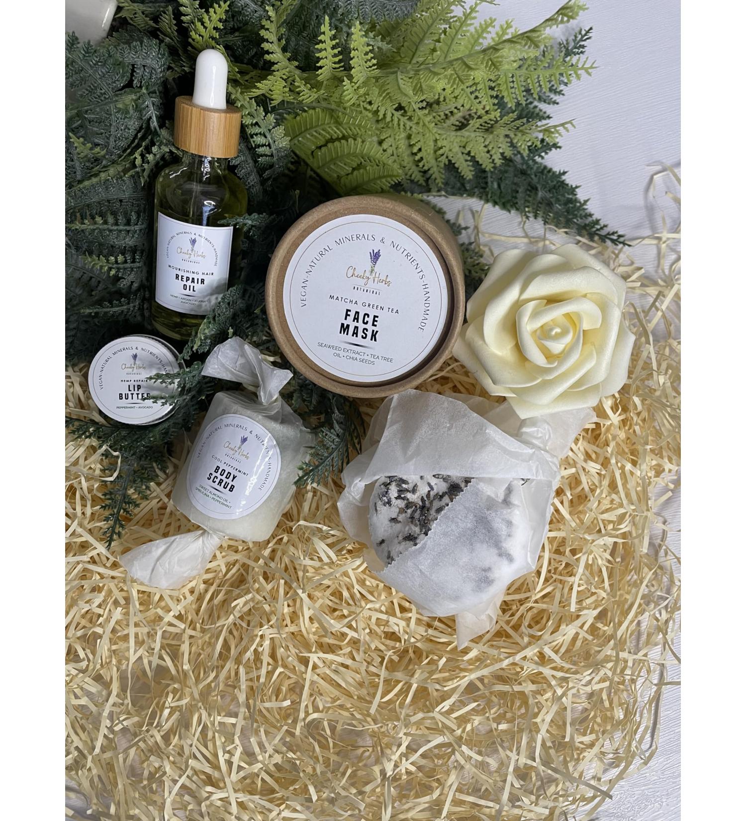 Cheeky Herbs Gift Box 1 - Relaxing Indulgent Spa Day Mixed Box for Hair Face Bath & Body Hair Repair Oil Green Tea Face Mask Lip Butter Body Scrub Vegan Natural Cruelty Free - Buy Online on SooperMarket.com
