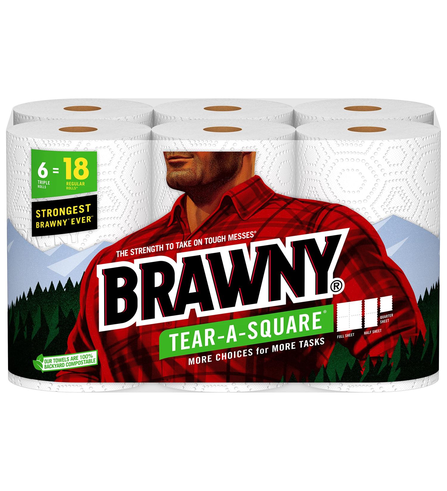 Brawny Tear-A-Square Paper Towels, 6 Triple Rolls (18 Regular Rolls) - Strong, Absorbent, and Convenient - Buy Online on SooperMarket.com