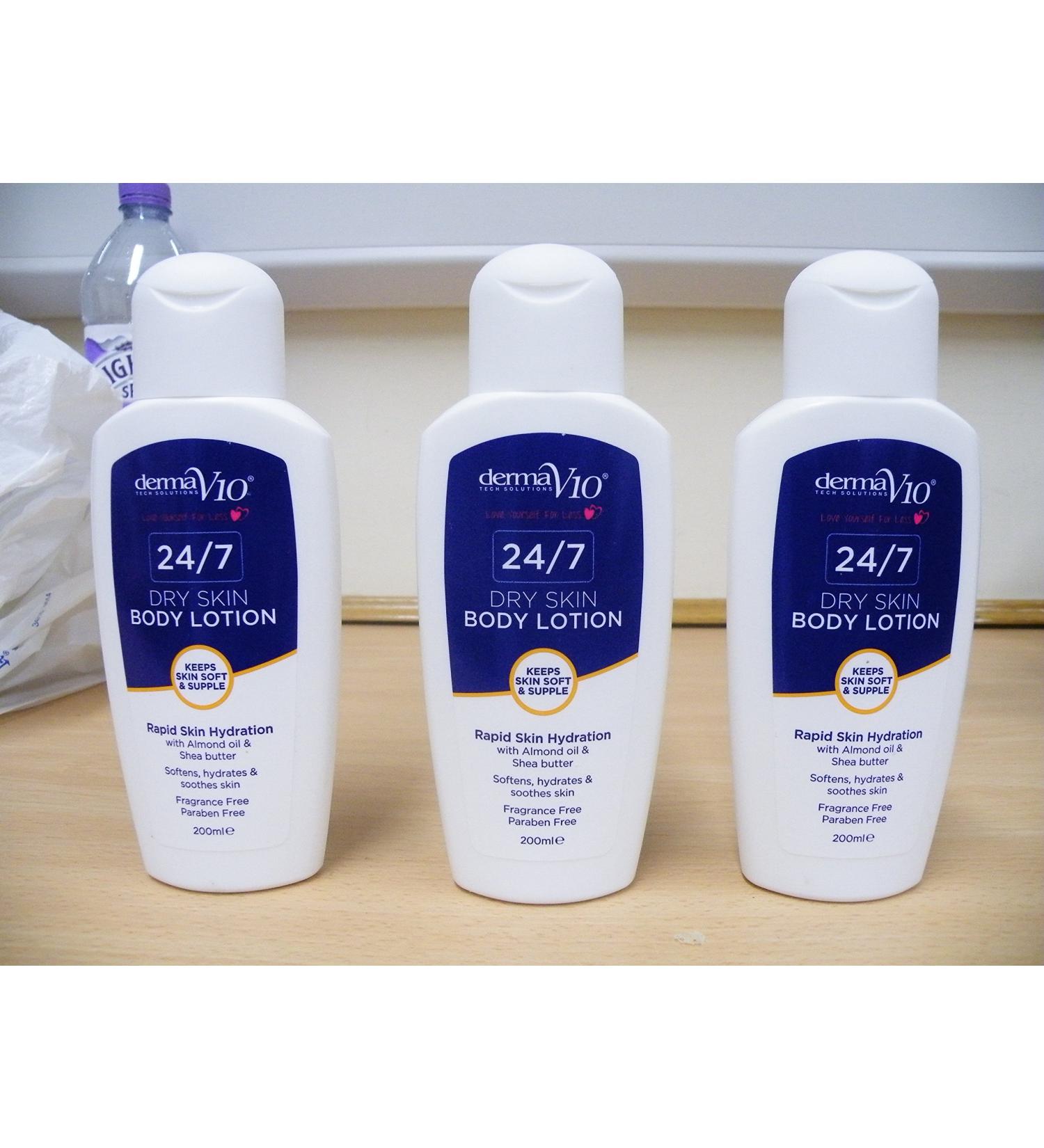3x Derma V10 24/7 Dry Skin Body Lotion Moisturiser With Almond Oil & Shea Butter 200ml