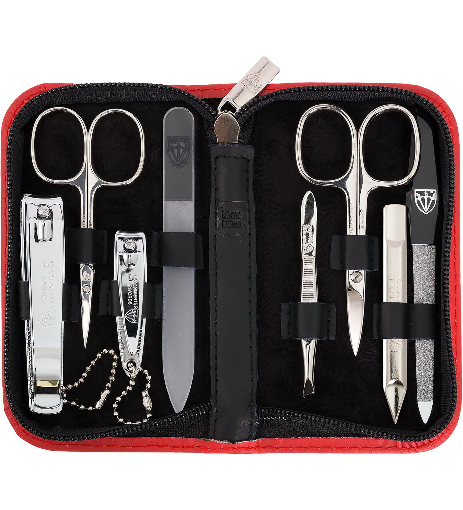 Three Swords 8-Piece Roma Manicure Set | Premium Red Leather Nail Care Kit with Scissors Clippers & Tweezers - Buy Online on SooperMarket.com