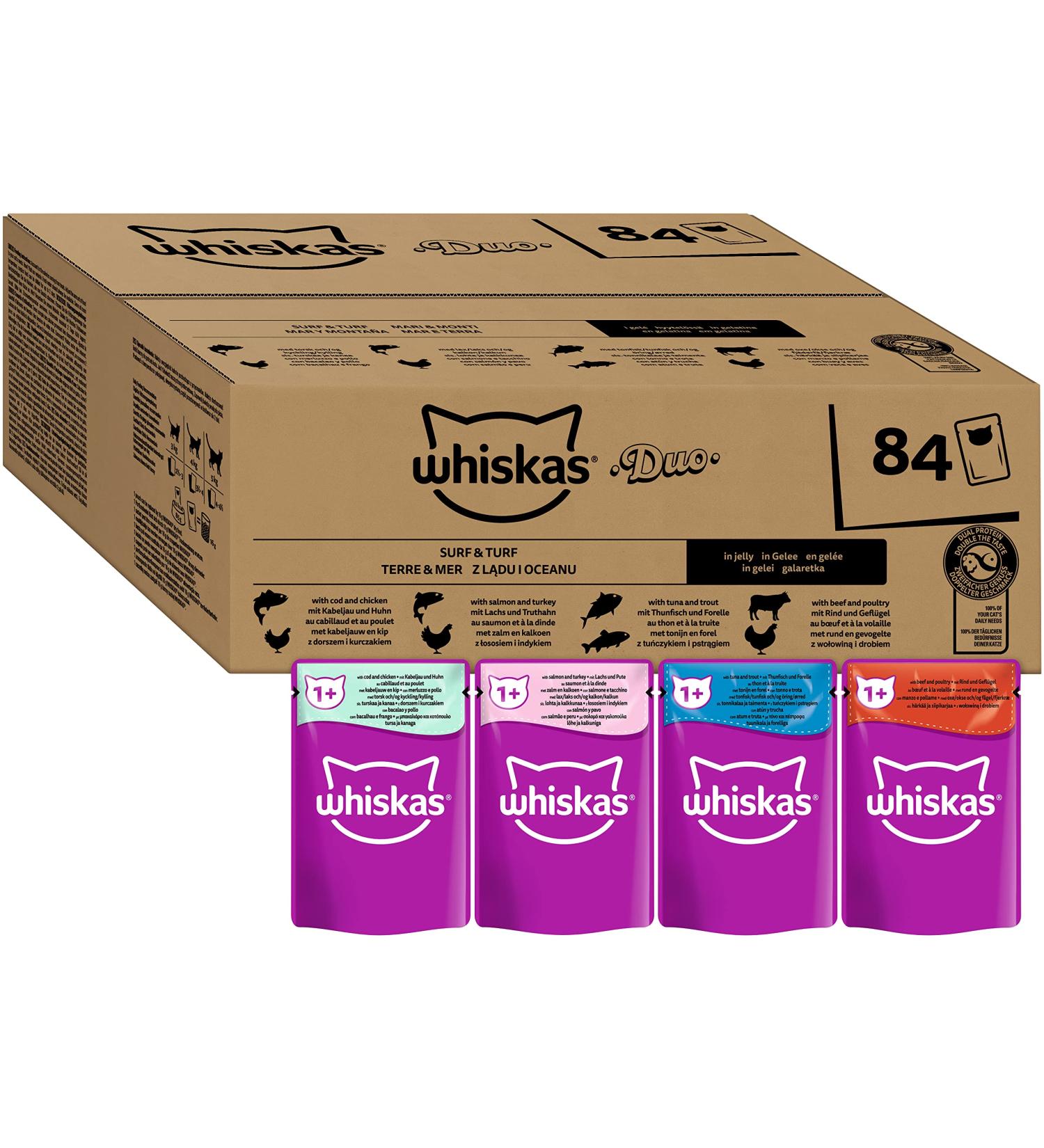 Whiskas Adult 1+ Katznassfutter Tasty Duo Surf & Turf in Jelly - 84 Portion Bags (7.14 kg) - Premium Wet Cat Food for Adult Cats - International Shipping Available - Buy Online on SooperMarket.com