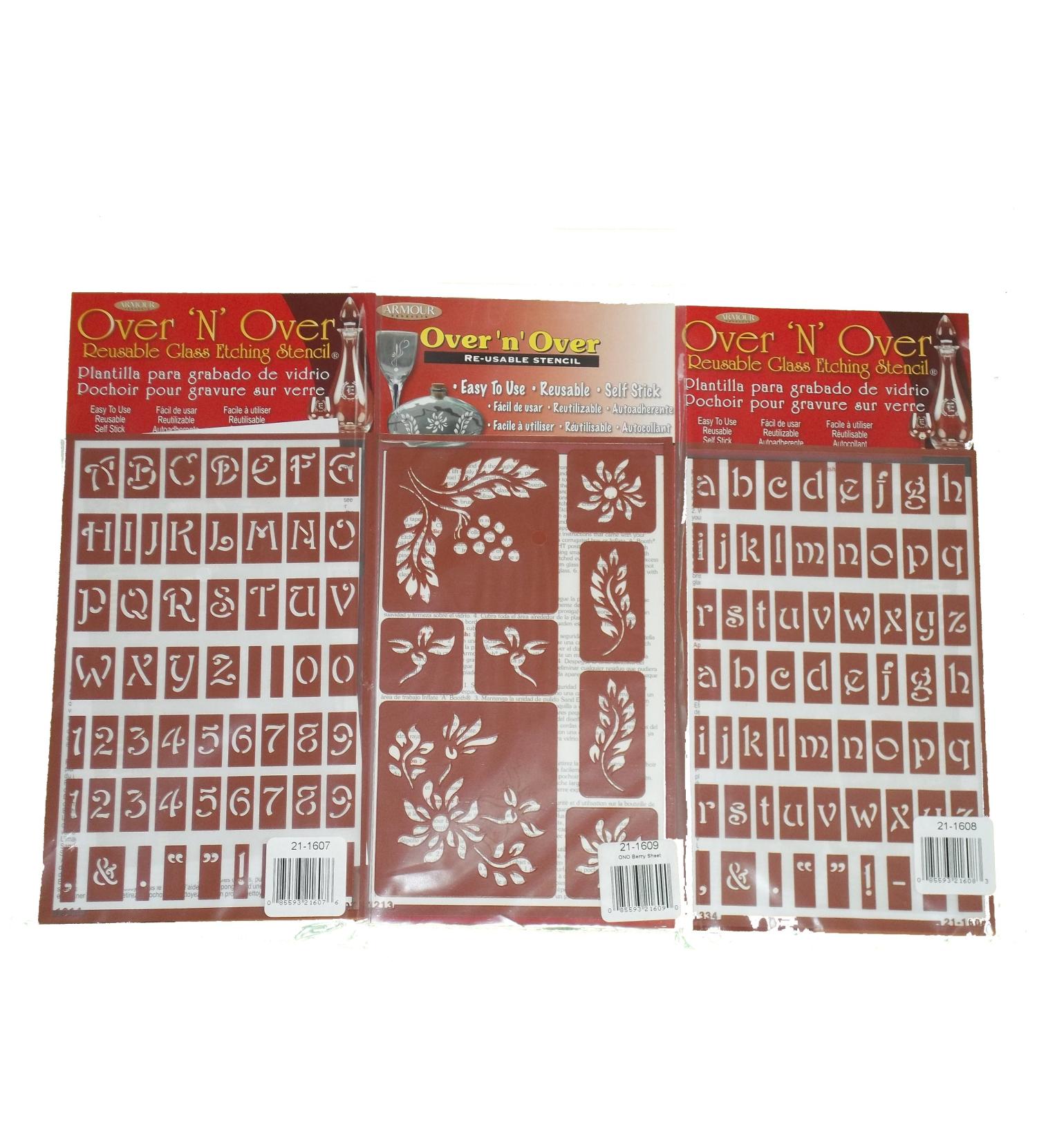 Armour Etch Over N Over Reusable Stencil Set Containing- Upper Case, Lowercase, and Berry Floral (Original Version)