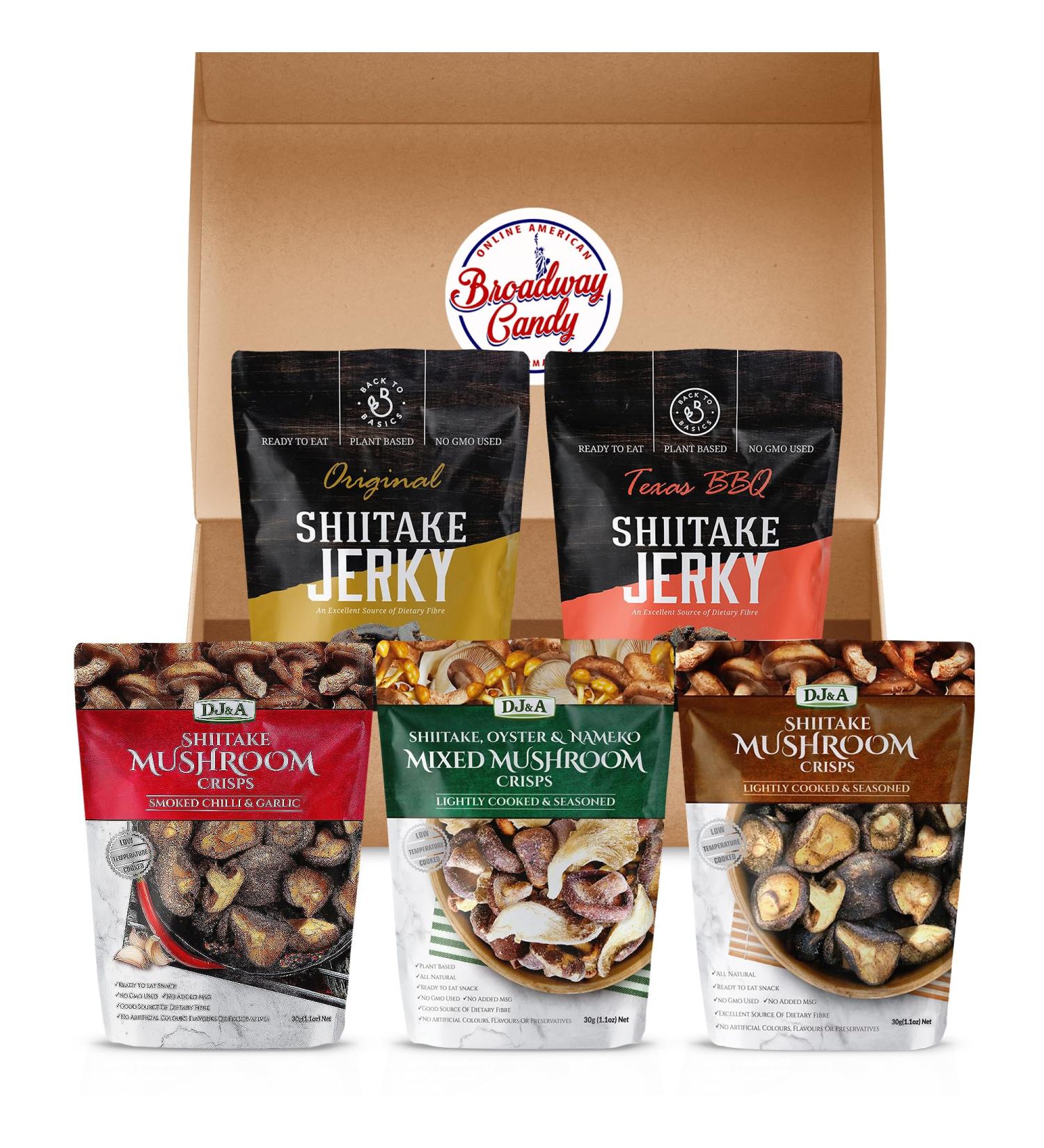DJ&A Vegan Jerky & Mushroom Crisps Variety | 5 Pack by Broadway Candy | Vegan Snacks | Gluten Free Non-GMO - Buy Online on SooperMarket.com