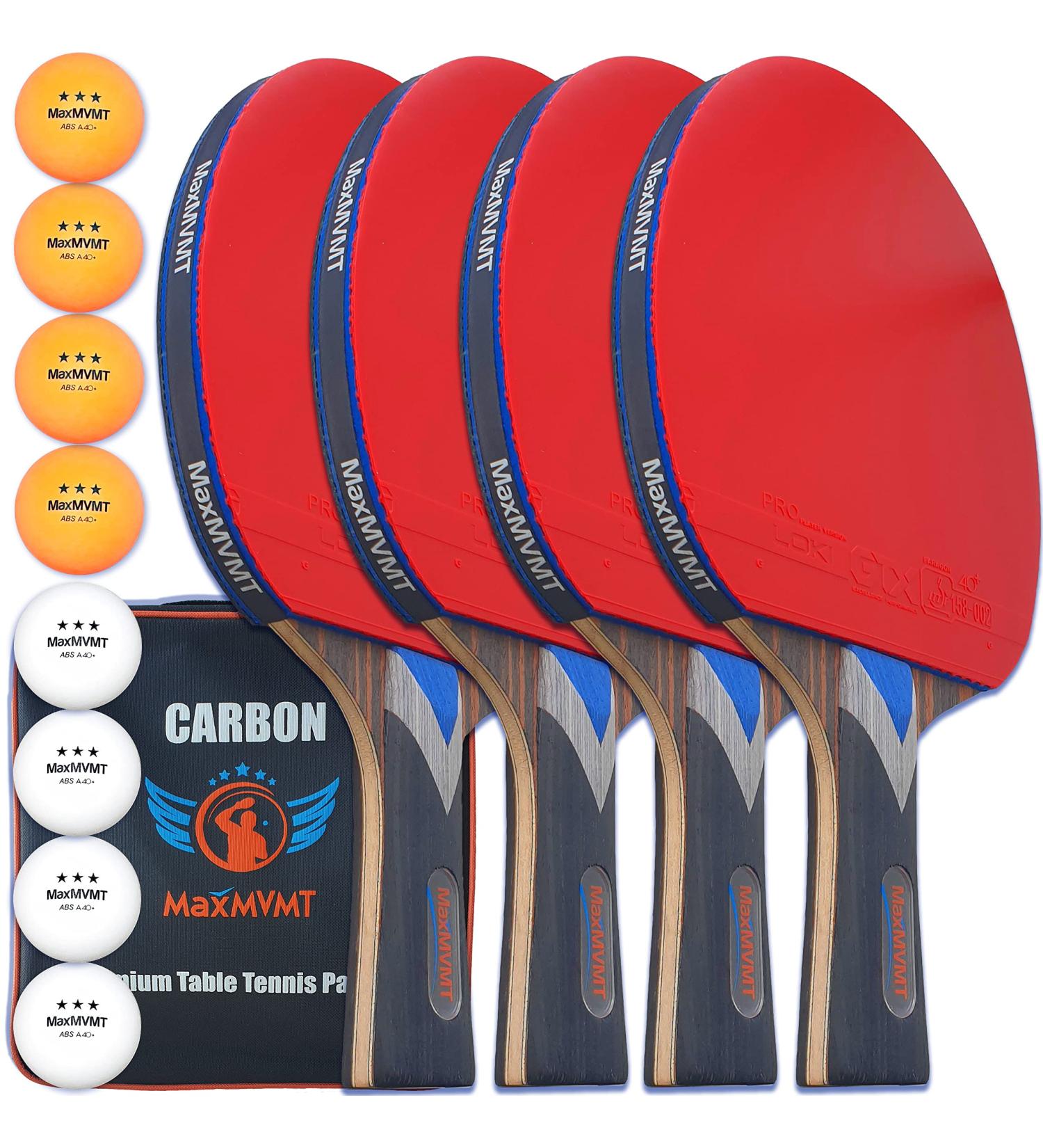 MaxMVMT Ping Pong Paddle Set of 4 - Carbon Fiber 7 Ply Rackets - 2 Wristbands - 8 Balls - 1 Rubber Cleaner Sponge - Premium ITTF Approved Rubber - Complete 4 Player Table Tennis Setup - Carry Case - Buy Online on SooperMarket.com
