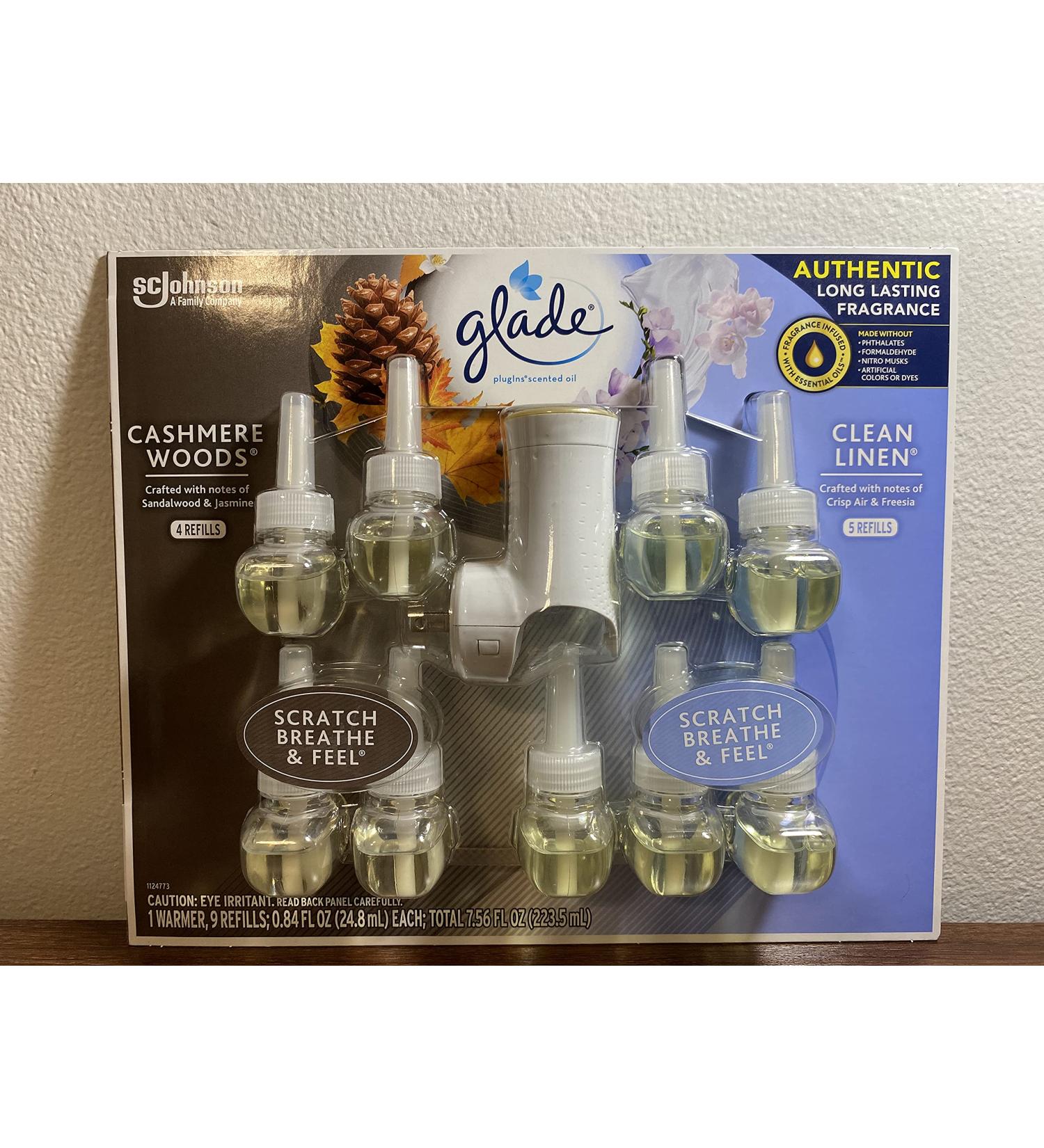 Glade Plugins Cashmere Woods & Clean Linen Scented Oil Refills + Warmer - Pack of 9 - Buy Online on SooperMarket.com
