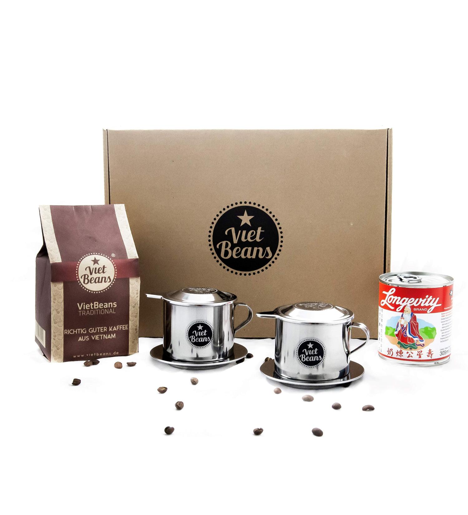 Vietbeans Breakfast for Two Gift Set - 250g Ground Coffee 2 Stainless Steel Filters & Condensed Milk - Perfect Gift for Coffee Lovers - Buy Online on SooperMarket.com