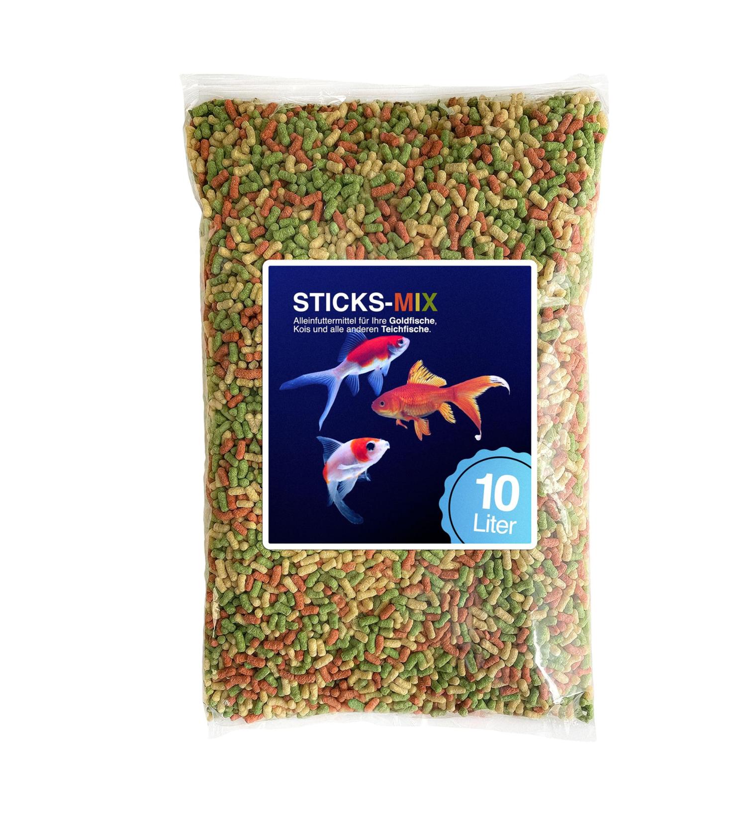 Pond Sticks Mix Bunt 10 liter bag - Premium Sole feed pond sticks flakes for pond fish kois and goldfish - enriched with vitamins tricolore - not cloudy & high quality 800 g (1 Pack)