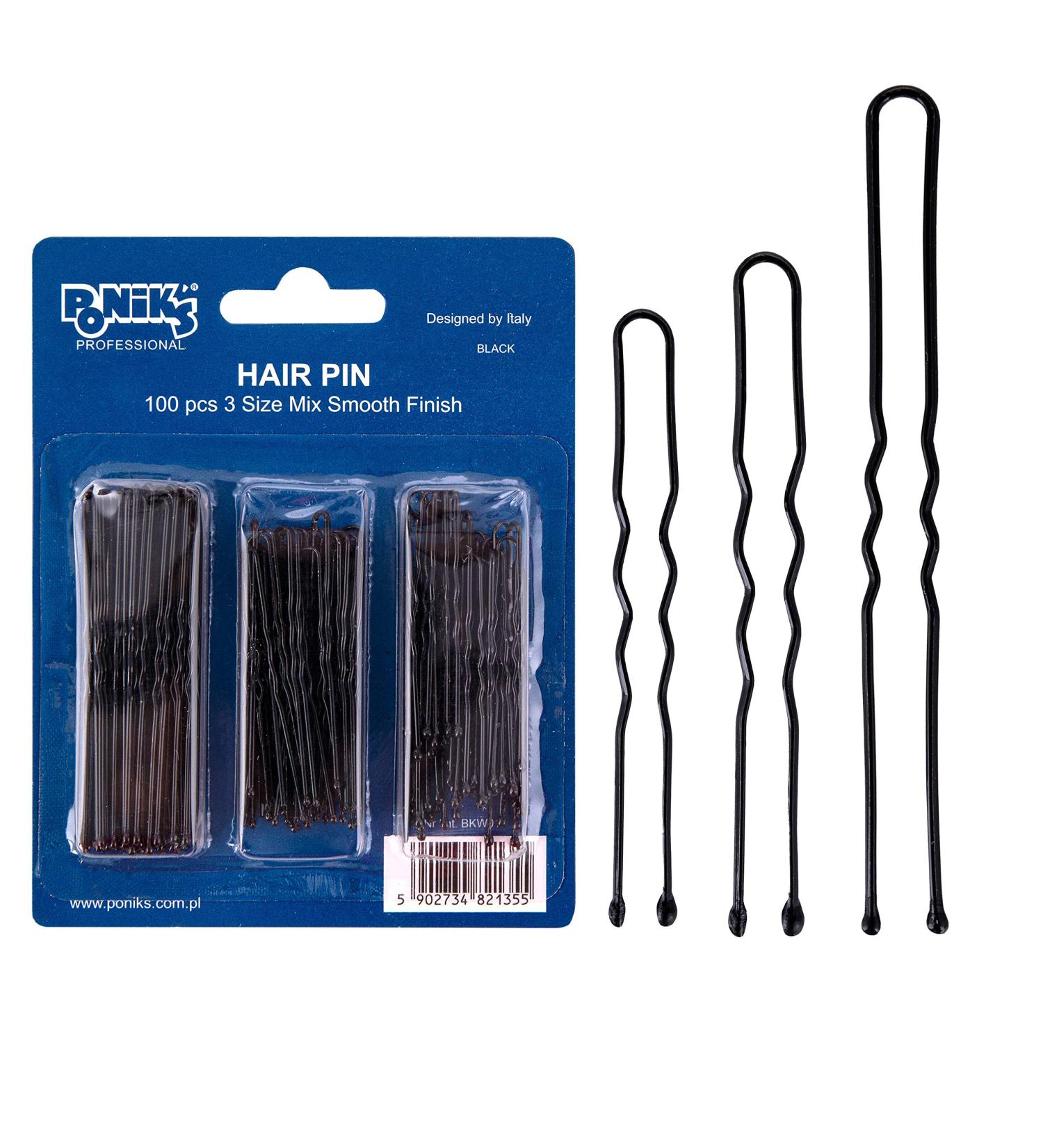 Ponik's Metal Hairpins - 100 Black U-Shape Bobby Pins in 3 Sizes | Ideal Hair Clips for All Hair Types - Buy Online on SooperMarket.com