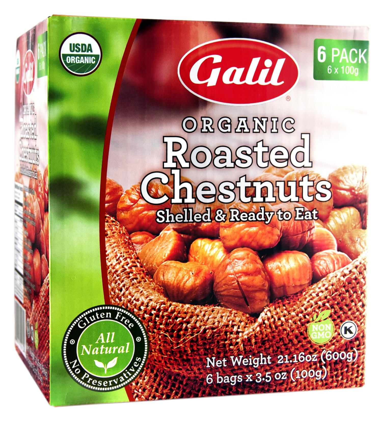 Galil Organic Roasted Chestnuts - 3.5 Oz Bags (Pack Of 6) - Gluten Free, All Natural, Vegan Snack - Perfect for Snacking, Baking, and Cooking - No Preservatives - Buy Online on SooperMarket.com