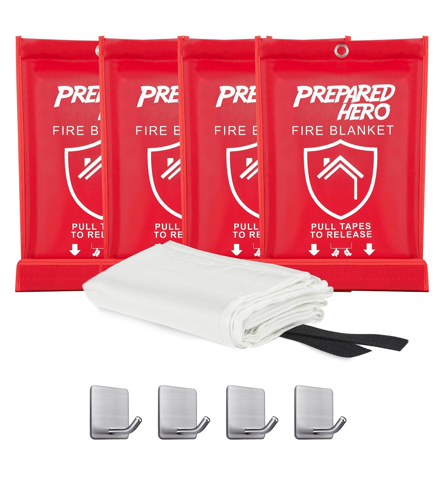 Prepared Hero 40 x 40 Emergency Fire Blanket 4 Pack + Hooks | Fiberglass Kitchen Fire Suppression Blanket for Home - Buy Online on SooperMarket.com