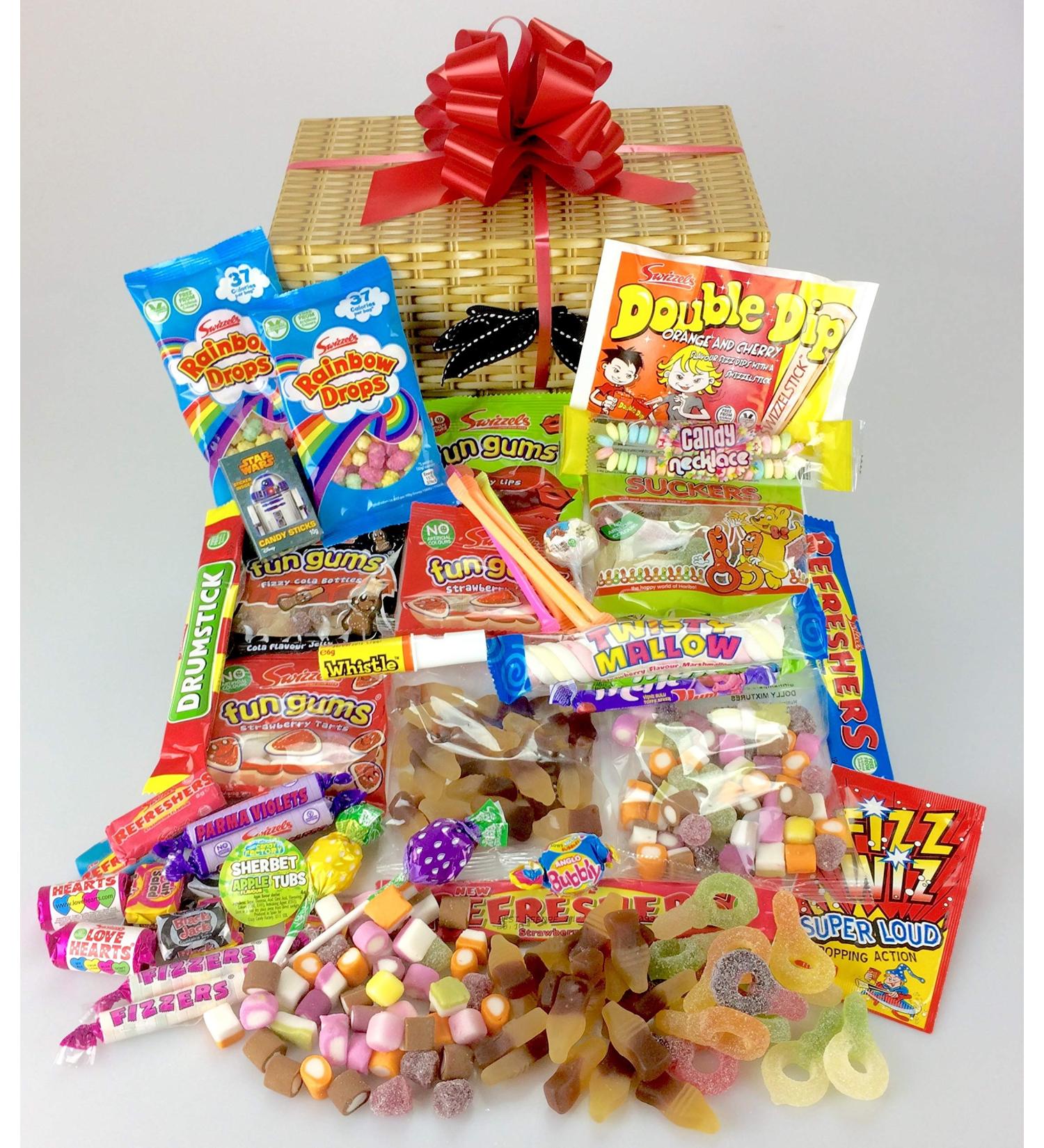 Retro SWEET & CHOCOLATE Hamper - Large Selection Wicker Effect Keep Me Gift Box