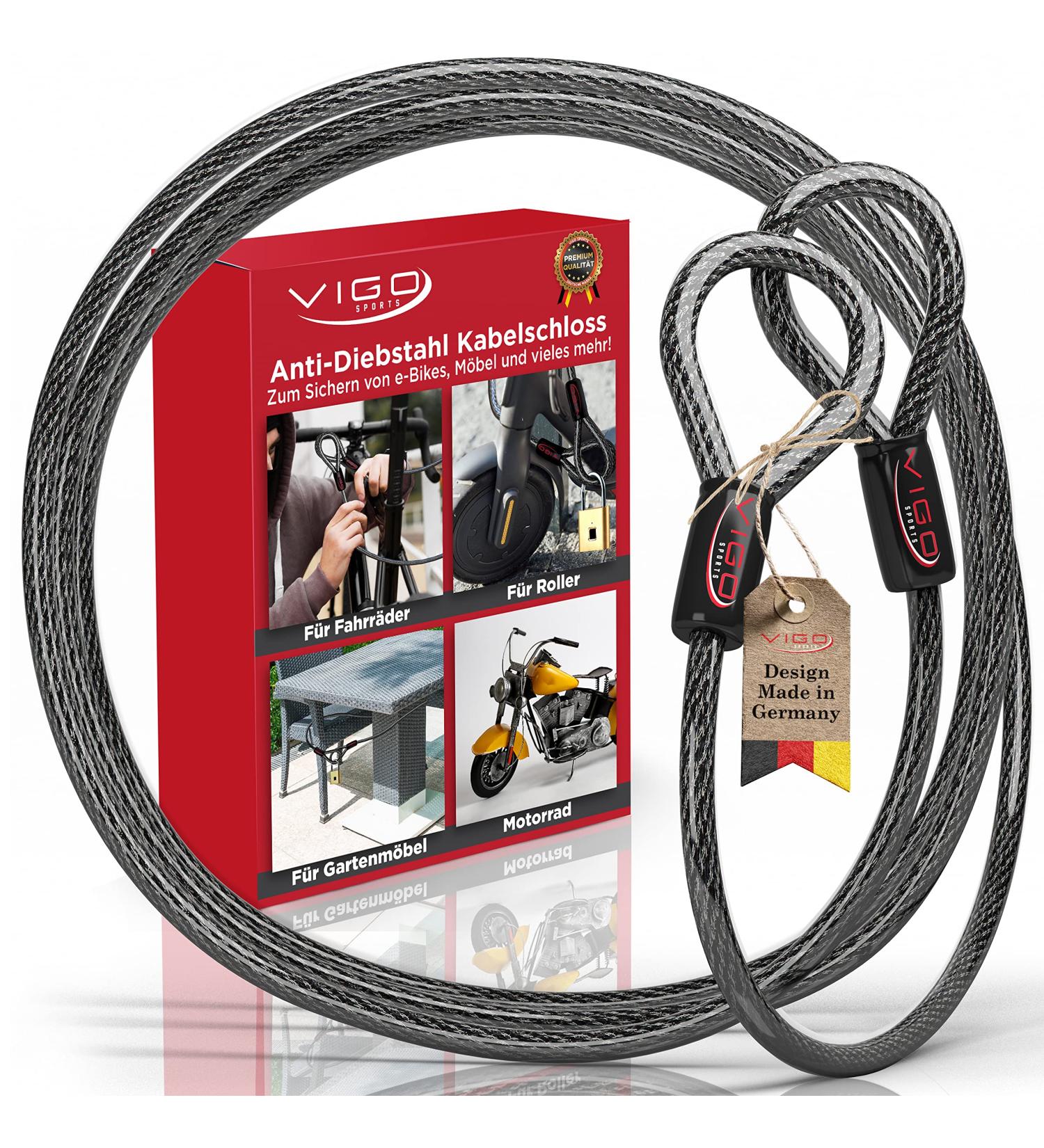 VIGO Sports Panzer Loop Cable Lock 2m - 10mm Thick Weatherproof & Durable Security Solution for Bikes Grills Garden Furniture & Strollers - Prevent Theft! - Buy Online on SooperMarket.com