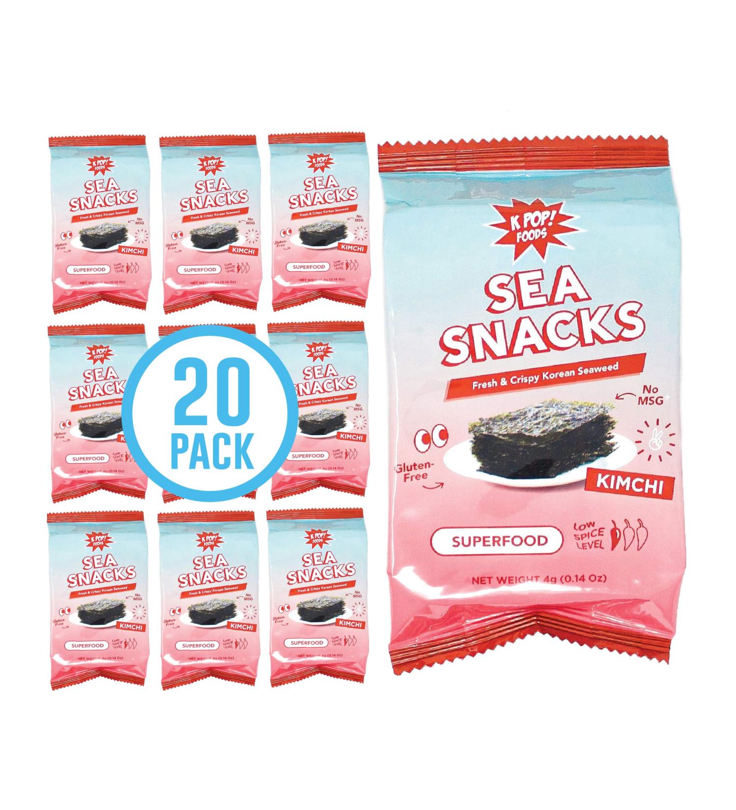 KPOP Foods Kimchi Sea Snacks - 20 Individual Packs | Premium Kimchi Flavored Seaweed Snacks | Made with Korean Seaweed | Vegan, Keto, Low Calorie Superfood - Buy Online on SooperMarket.com