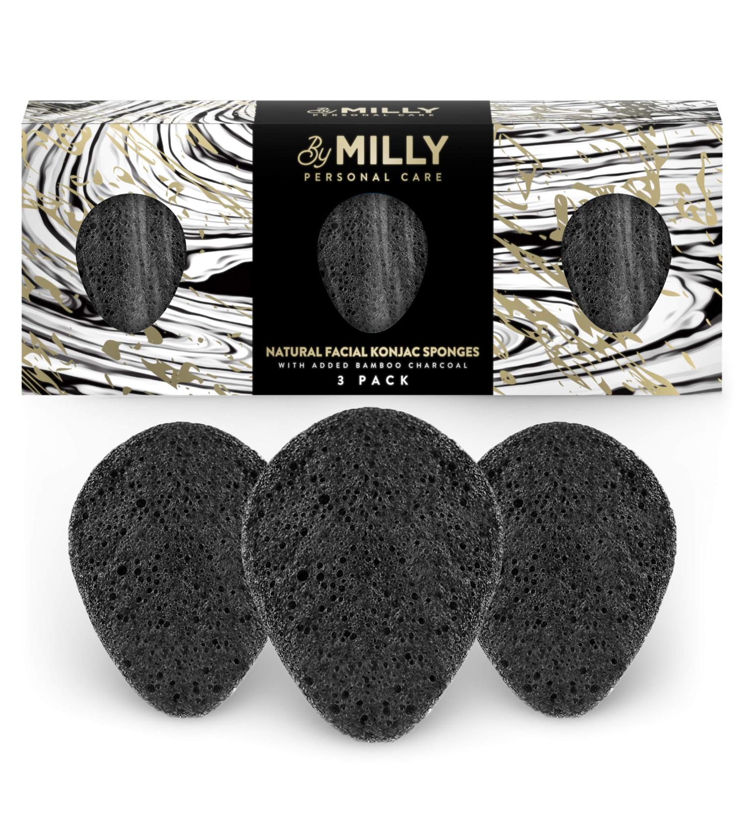 Facial Konjac Sponge 3 Pack with Activated Bamboo Charcoal - Natural, Reusable, Gentle Exfoliating - For All Skin Types - Biodegradable - Black - Buy Online on SooperMarket.com