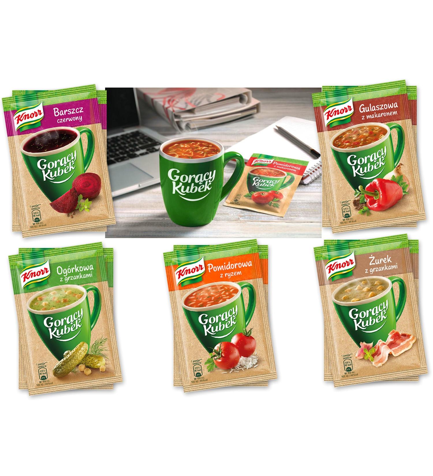 Polish Hamper Bag Cellophane Bag KNORR Gor cy Kubek Hot Cup Instant Soup with noodles or croutons 5 x 15g assorted flavours tomato soup goulash soup forest mushroom soup zurek cucumber soup  - Buy Online on SooperMarket.com