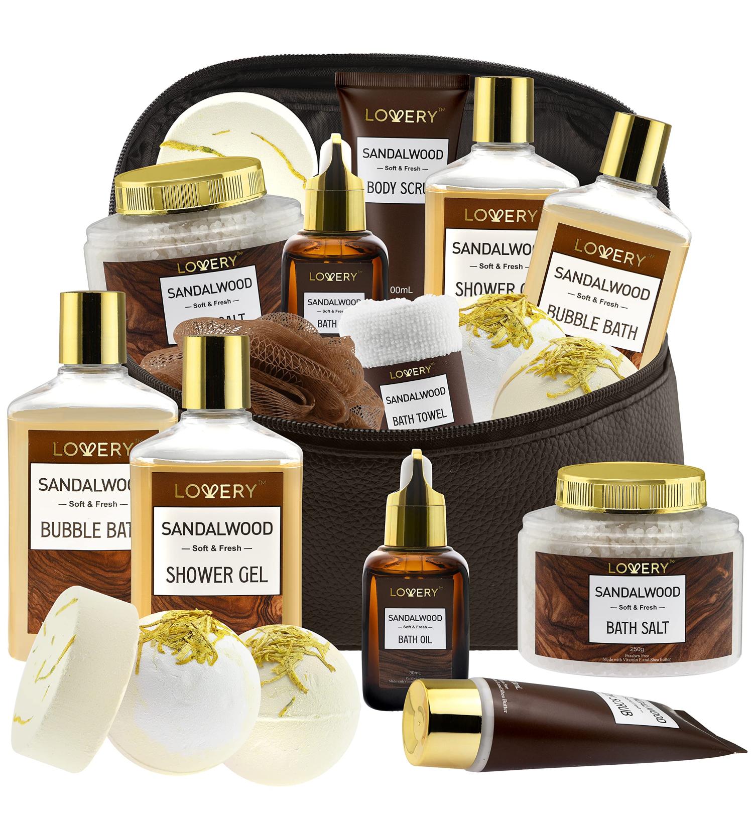Sandalwood Bath Gift Set for Him - Personal Care Spa Kit in Leather Bag | Relaxing Man Gift Basket with Shower Gel, Bubble Bath, Body Oil, Bath Bomb & More - Buy Online on SooperMarket.com