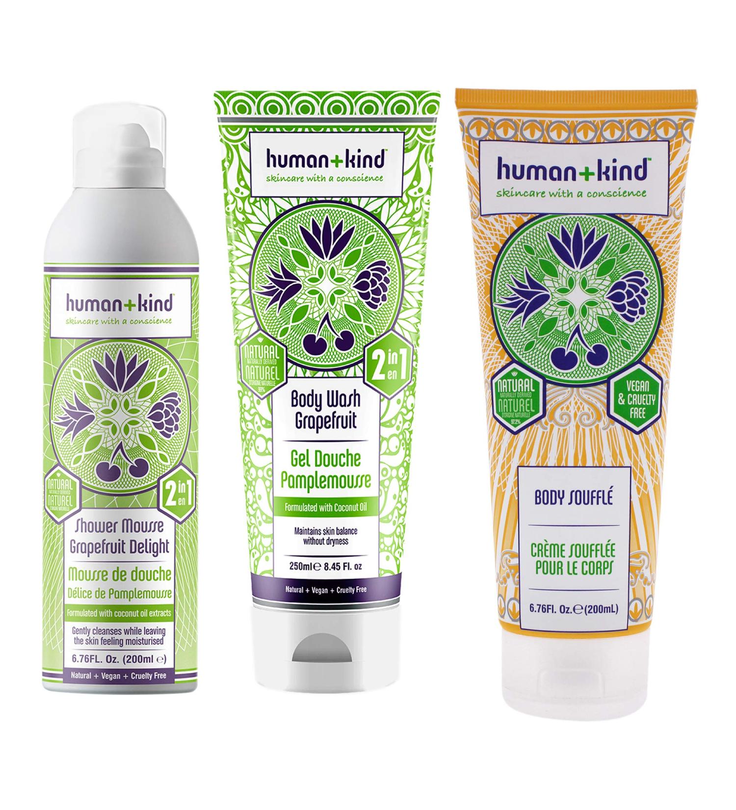 Human+Kind Shower Mousse and Body Wash and Souffle Cream Kit Unisex 3 Pc