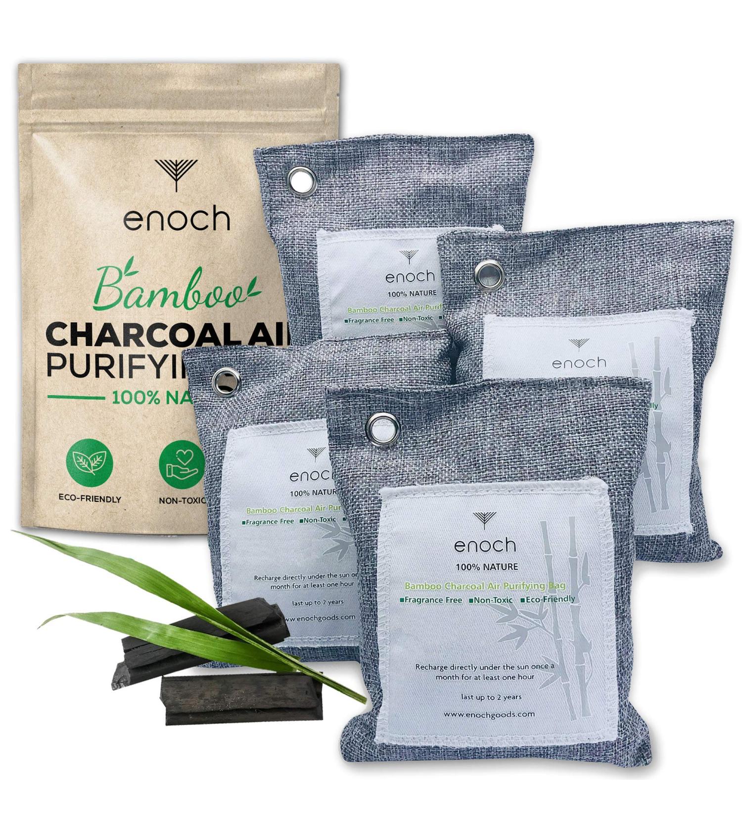 Enoch Bamboo Charcoal Air Purifying Bags (4 Packs) - Natural Odor Eliminator & Moisture Absorber for Homes, Cars, Shoes, Fridges, Closets - 4x200g - Buy Online on SooperMarket.com