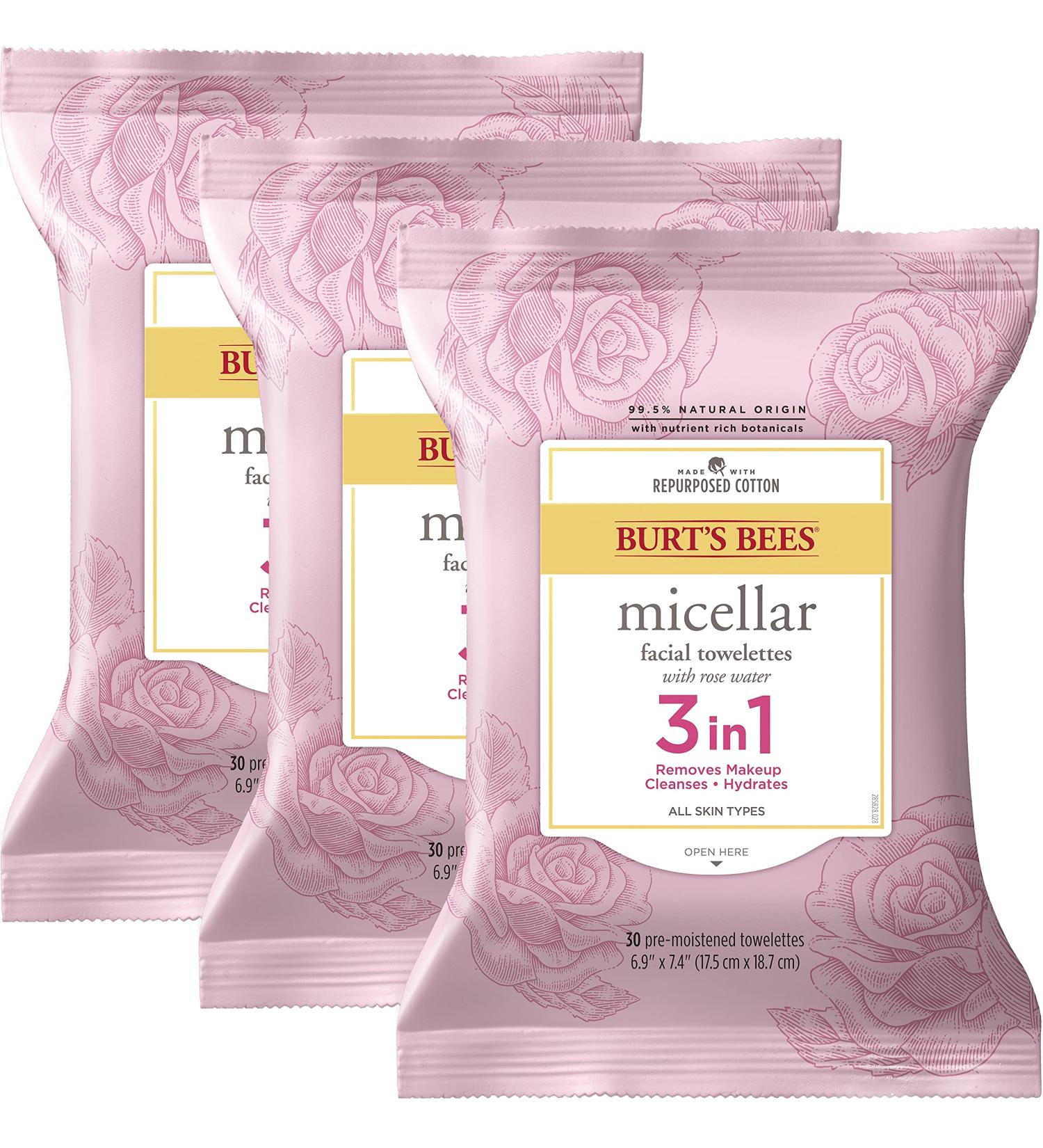Burt's Bees 3-in-1 Hydrating Micellar Cleansing Towelettes with Rose Water - 30 Count (Pack of 3) | For All Skin Types - Buy Online on SooperMarket.com