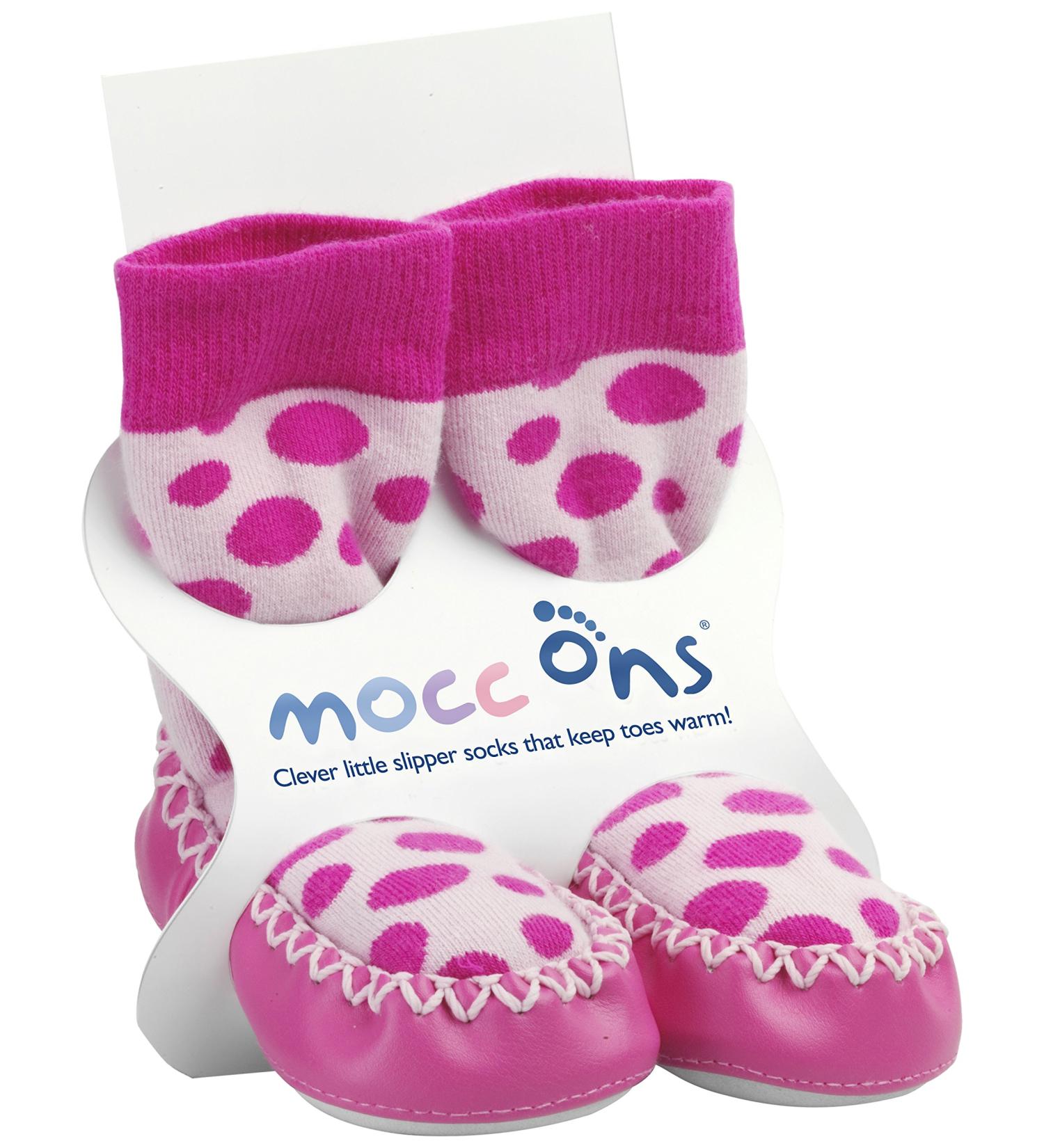 Mocc Ons moccasin washable leather sole slipper socks (24-36 Months Pink Spot) 2-3 Years Pink Spot