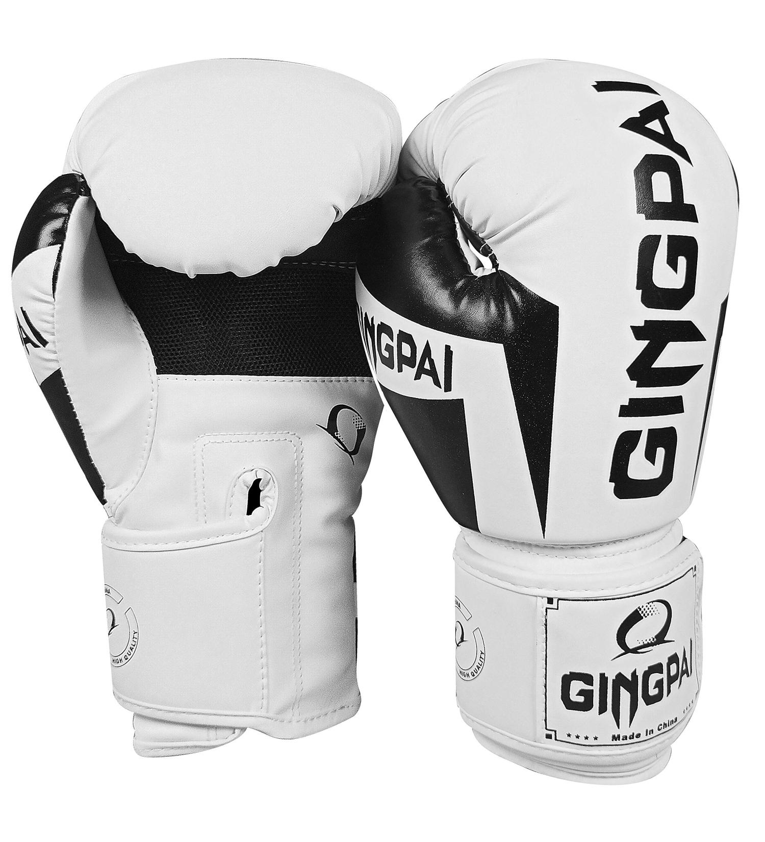 GINGPAI Leather Boxing Gloves for Men & Women | Punching Bag Kickboxing Muay Thai Gloves 8oz in White Black | Premium Quality - Buy Online on SooperMarket.com