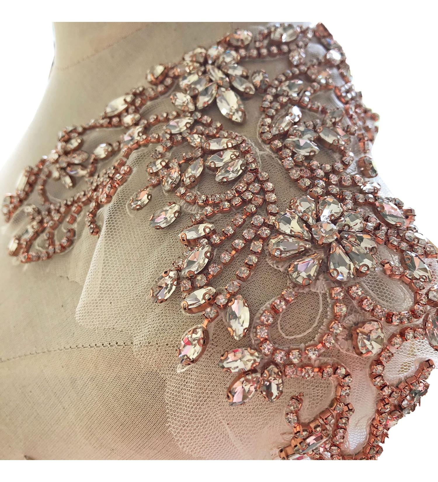 Sparkle Rhinestone Applique Beaded Patch for Wedding Dress - Rose Gold Crystal Neckline Accessory - Buy Online on SooperMarket.com