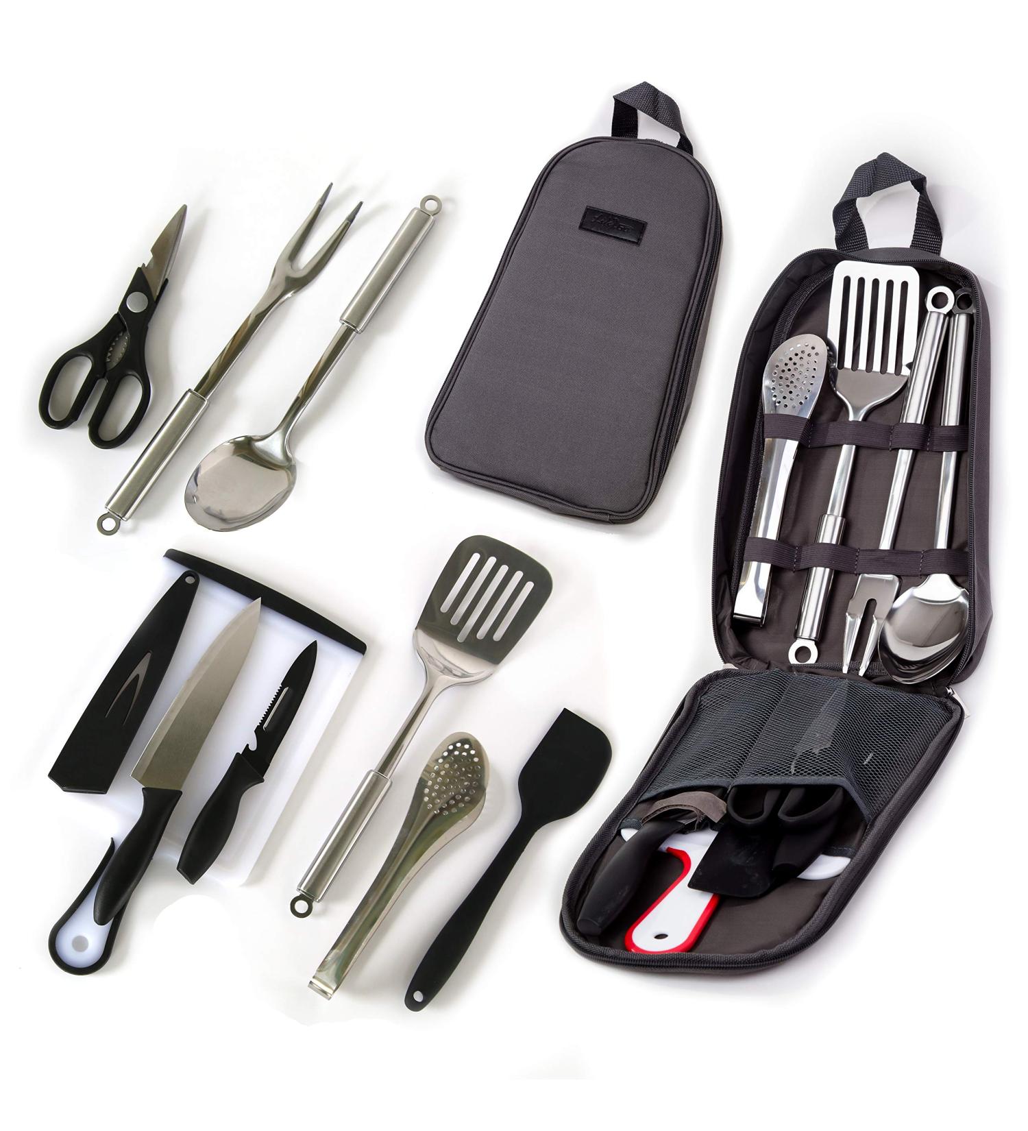 Outdoor Kitchen 10-Piece Cookware Set - Camping & RV Cooking Utensils in Compact Case - Stainless Steel Fork, Spoon, Knife & More - Grey - Buy Online on SooperMarket.com