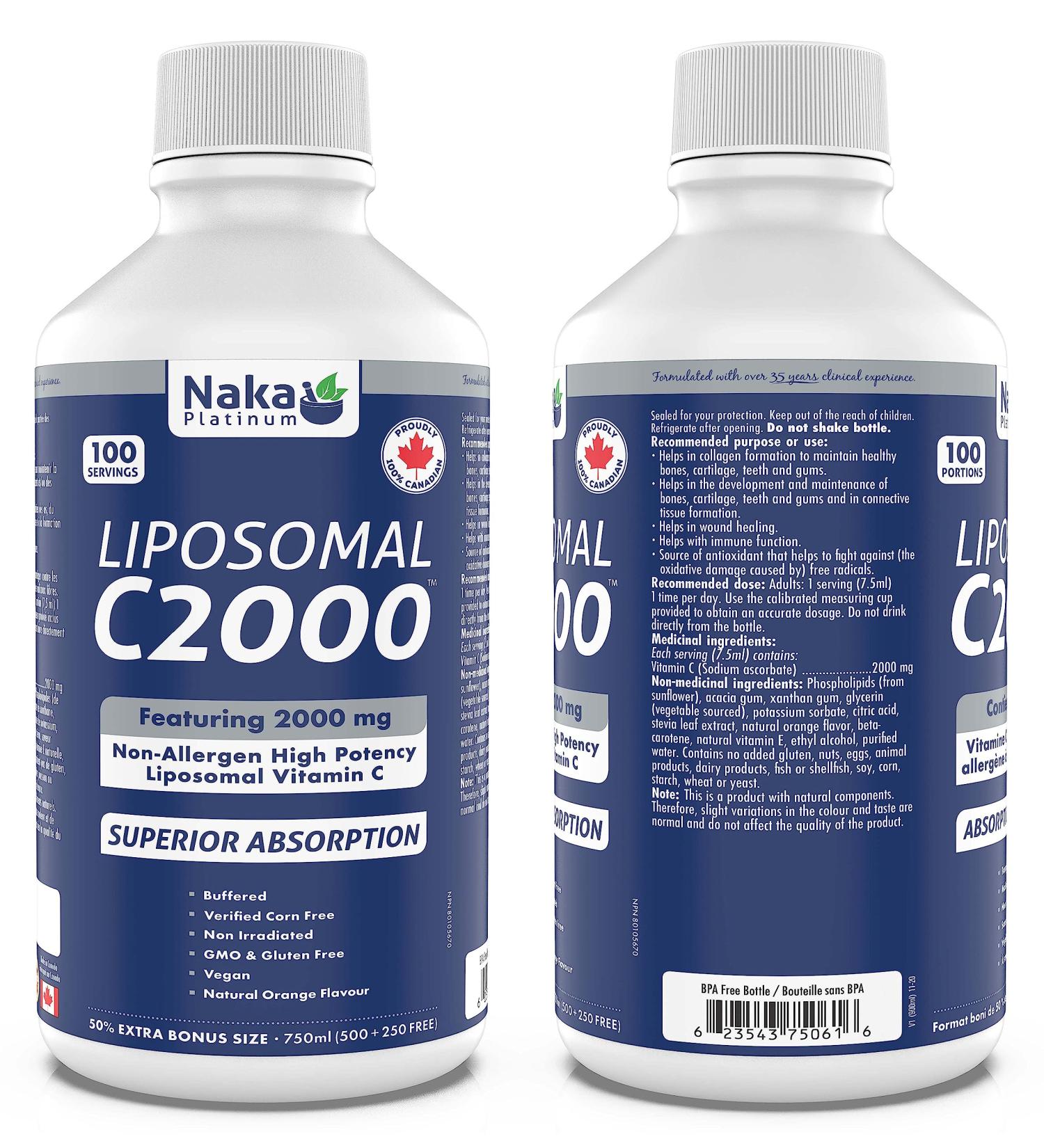 Naka Platinum LIPOSOMAL C 2000 featuring 2000 mg Non-Allergic High Potency Liposomal Vitamin C (750 ml) - Buy Online on SooperMarket.com
