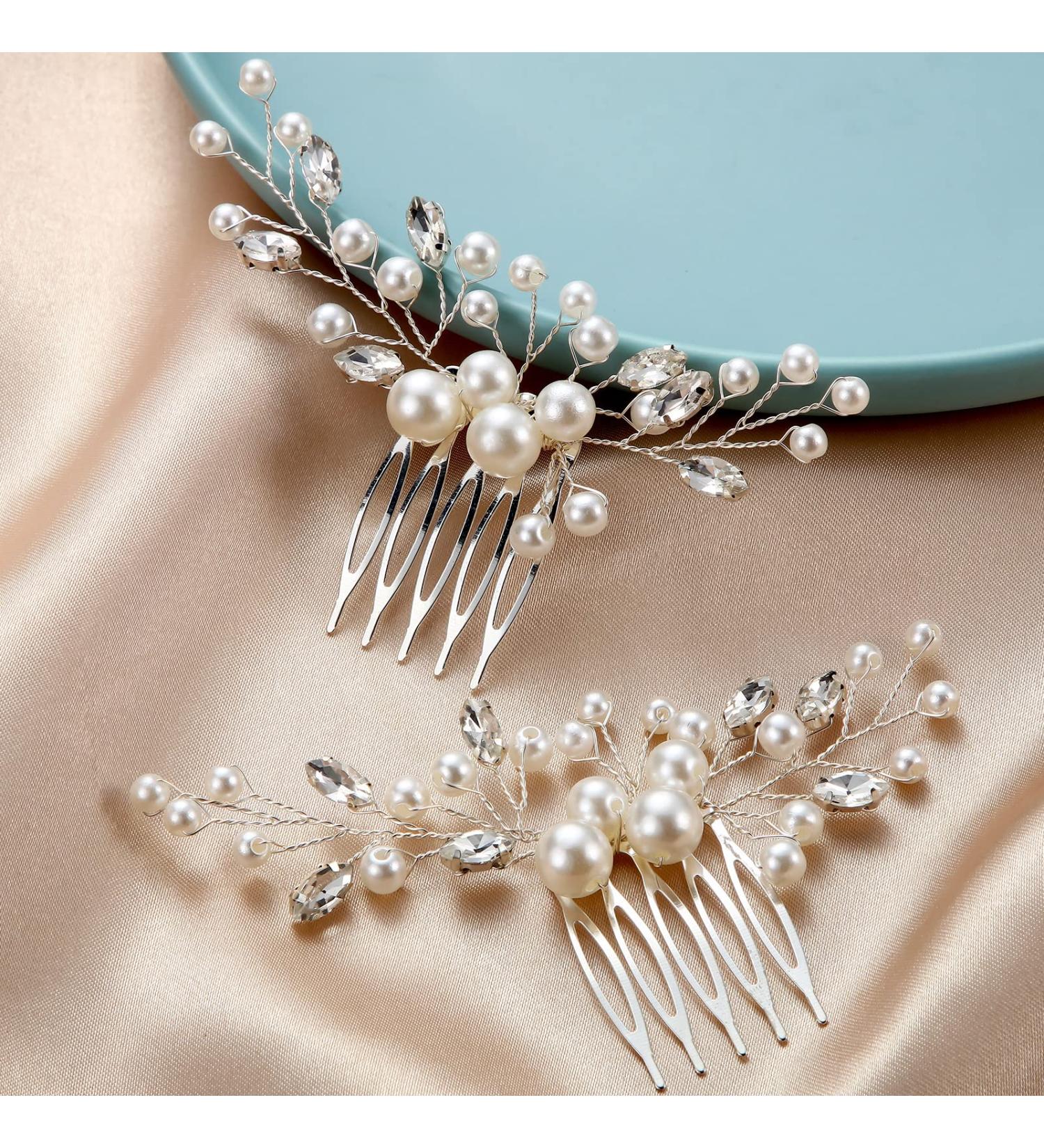 Wedding Pearl Crystal Headpiece Comb Set - Bridal Hair Accessories with Rhinestone Accents - Buy Online on SooperMarket.com