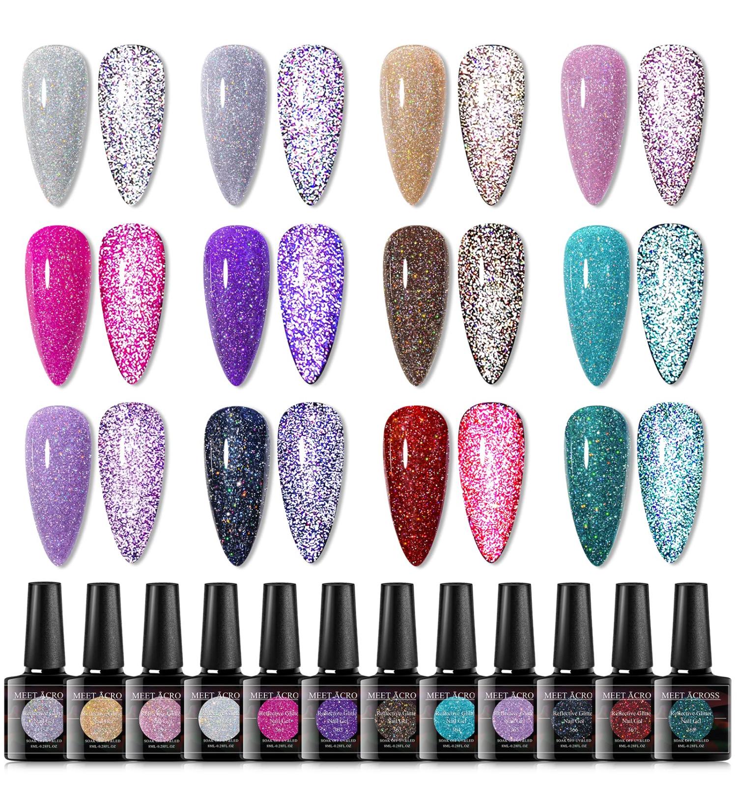 MEET ACROSS Reflective Glitter Gel Polish Set - Sparkly Shiny Disco DJ Nail Varnish - 12PCS 8ML Soak Off UV LED Gel - Buy Online on SooperMarket.com