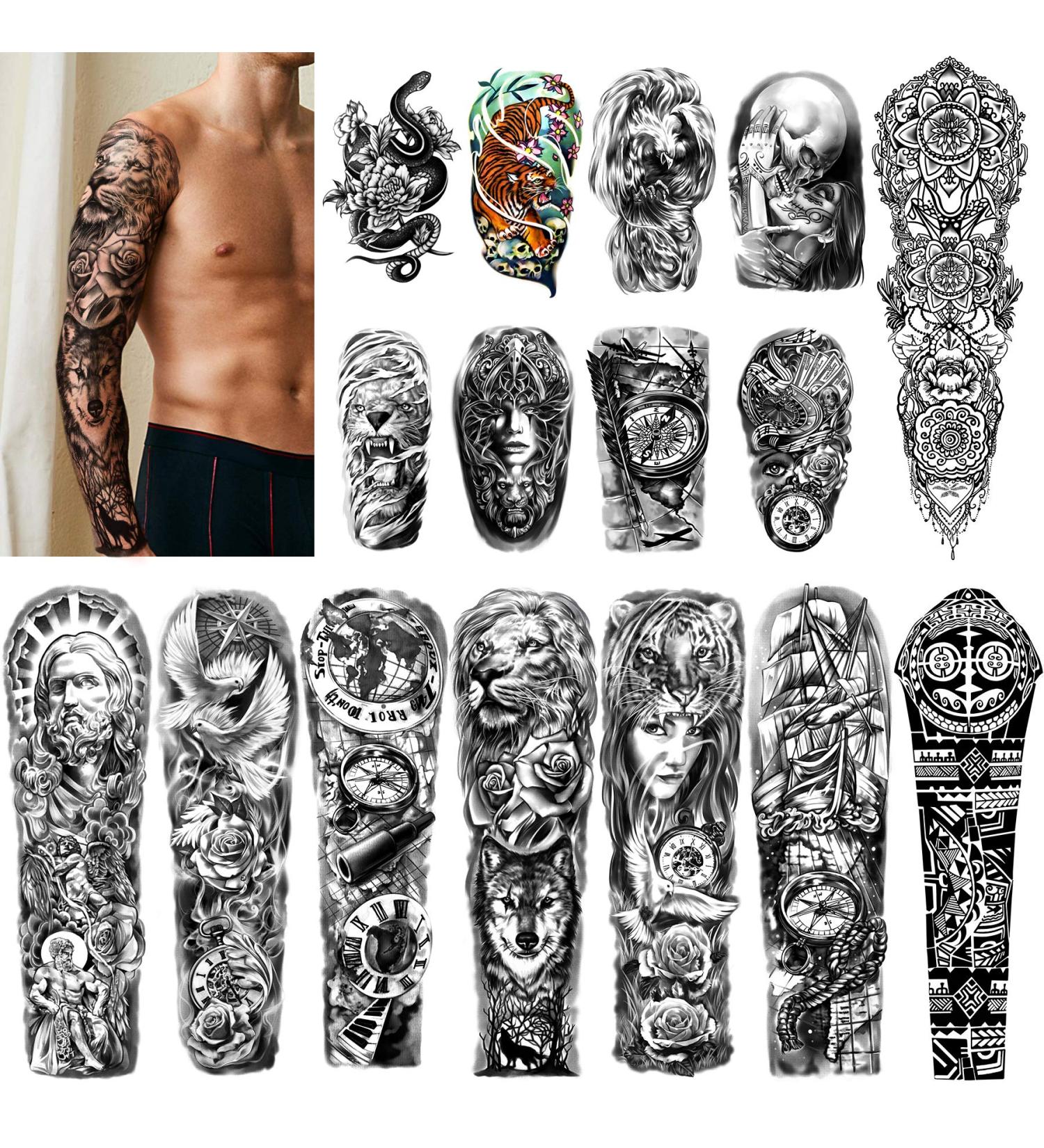 Waterproof Full Arm Temporary Tattoos 8 Sheets + Half Arm Shoulder Tattoo 8 Sheets - Extra Large Lasting Tattoo Stickers for Men and Women | 22.83X7.1 - Buy Online on SooperMarket.com
