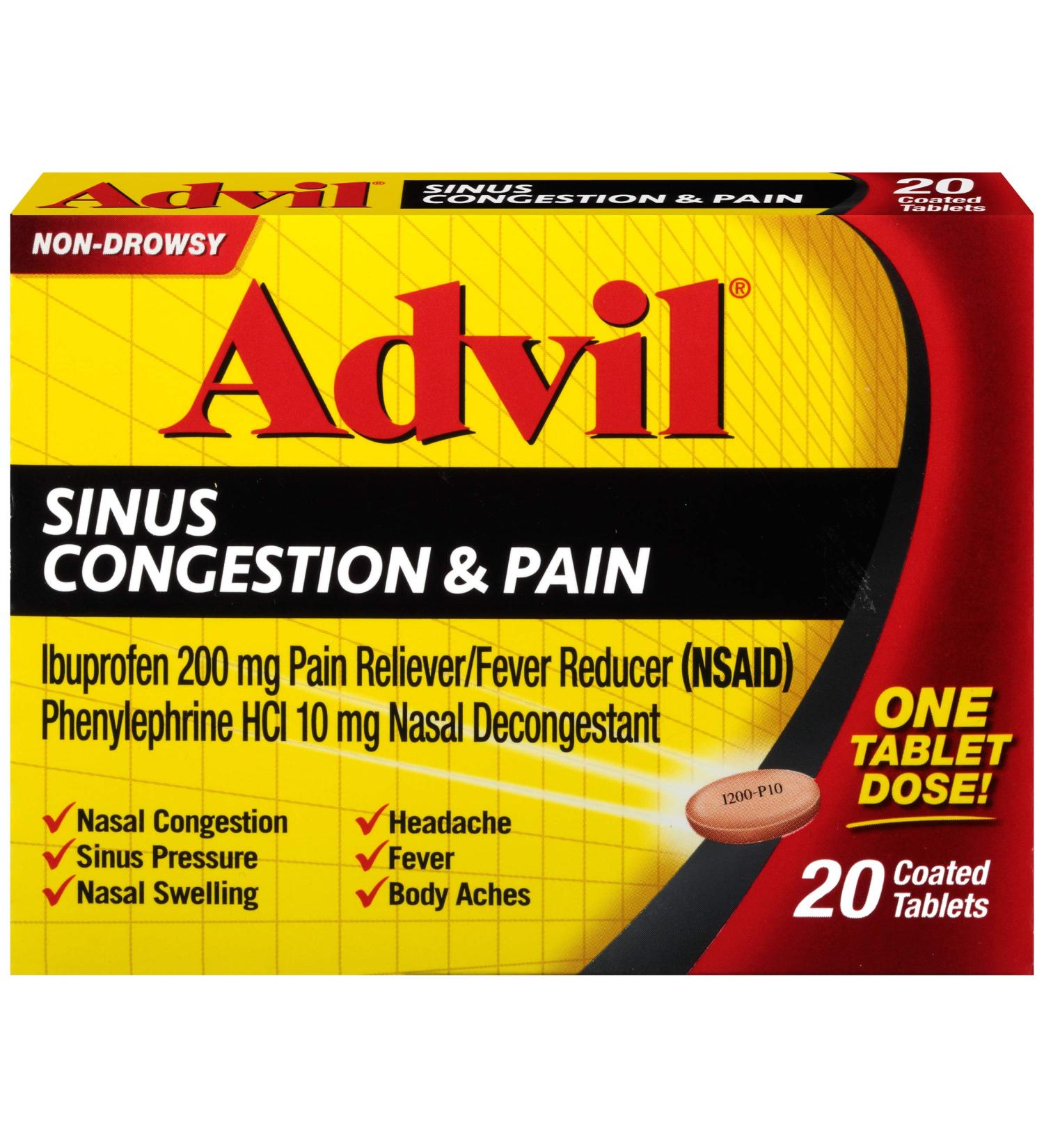 Advil Sinus Congestion & Pain Coated Tablets 20 ea - Pack of 2 - Fast Relief - Buy Online on SooperMarket.com